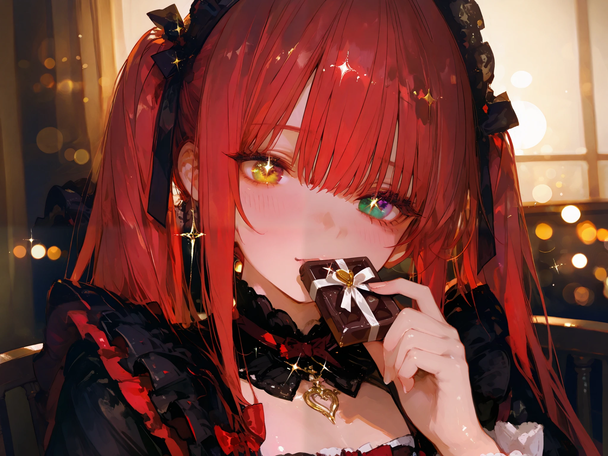 1girl, gothic dress, red and black frills, twin tails, heterochromia, holding chocolate, valentine theme, antique chocolate shop, warm lighting, golden glow, elegant background, baroque style,748cmstyle,luisap,shiny skin, detailed textures, romantic atmosphere, luminous sparkle, bloom effect, bokeh effect, chiaroscuro, digital painting, ultra-detailed, 8K, masterpiece, ray tracing, UHD, retina, masterpiece, accurate, anatomically correct, textured skin, super detail, high details, high quality, best quality, highres, 1080P, HD, 16k