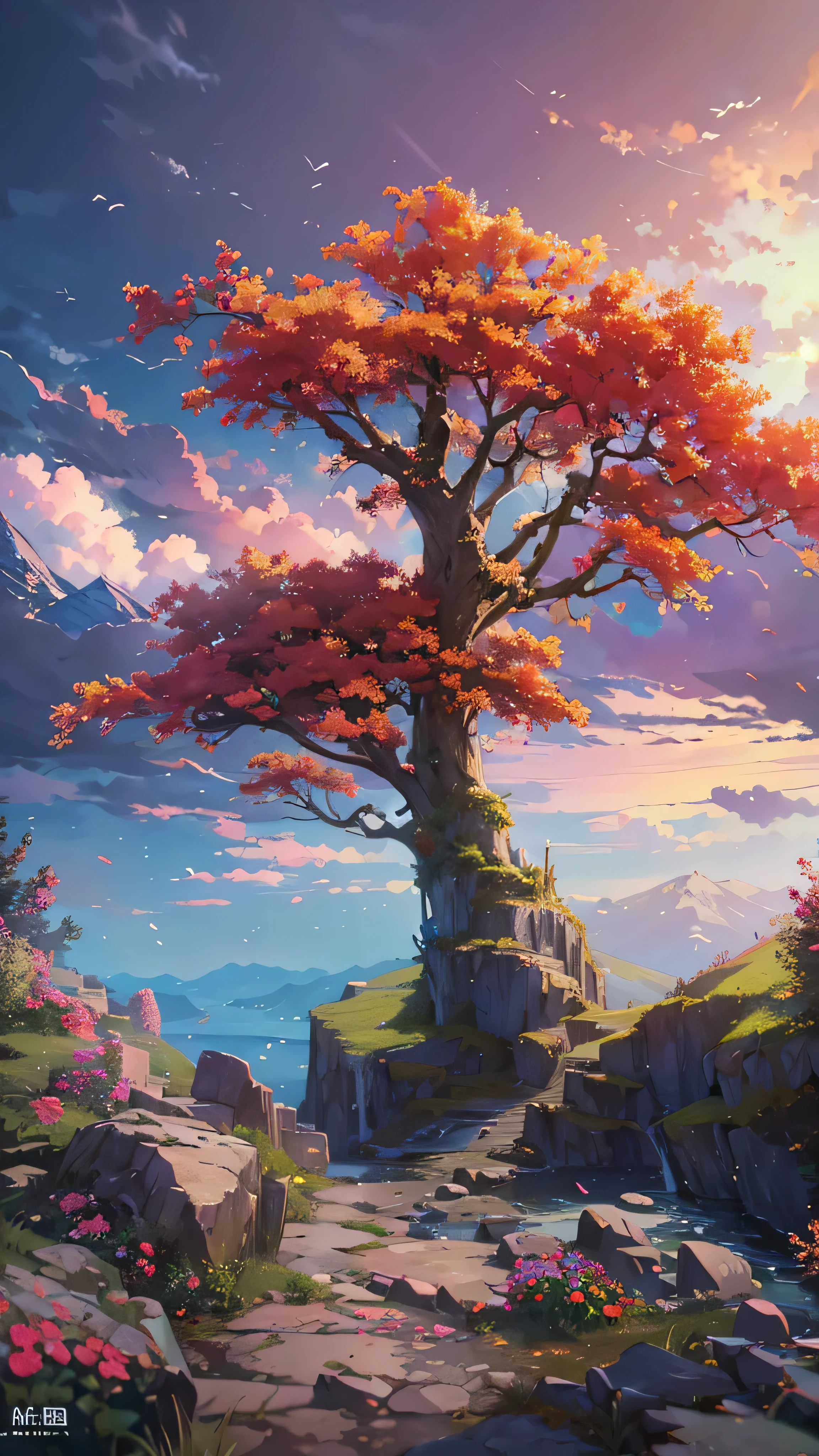 masterpiece, 最 high quality , high quality , Hi-ResCG Unity 8K 壁紙 , Scenery, outdoor, null, cloud, null, not human , Mountain, Colorful scenery, Deep Blue Sea、water, tree, cliff, nature, river , cloudy skies, cliff , Award-Winning Photos Cuddling From Behind, embellished red vest , Hi-Res ,Seven color flower 々, Chromatic Aberration, photorealism , Tall very detailed , art station trend , CGSociety Trends , complicated , high detail, dramatic