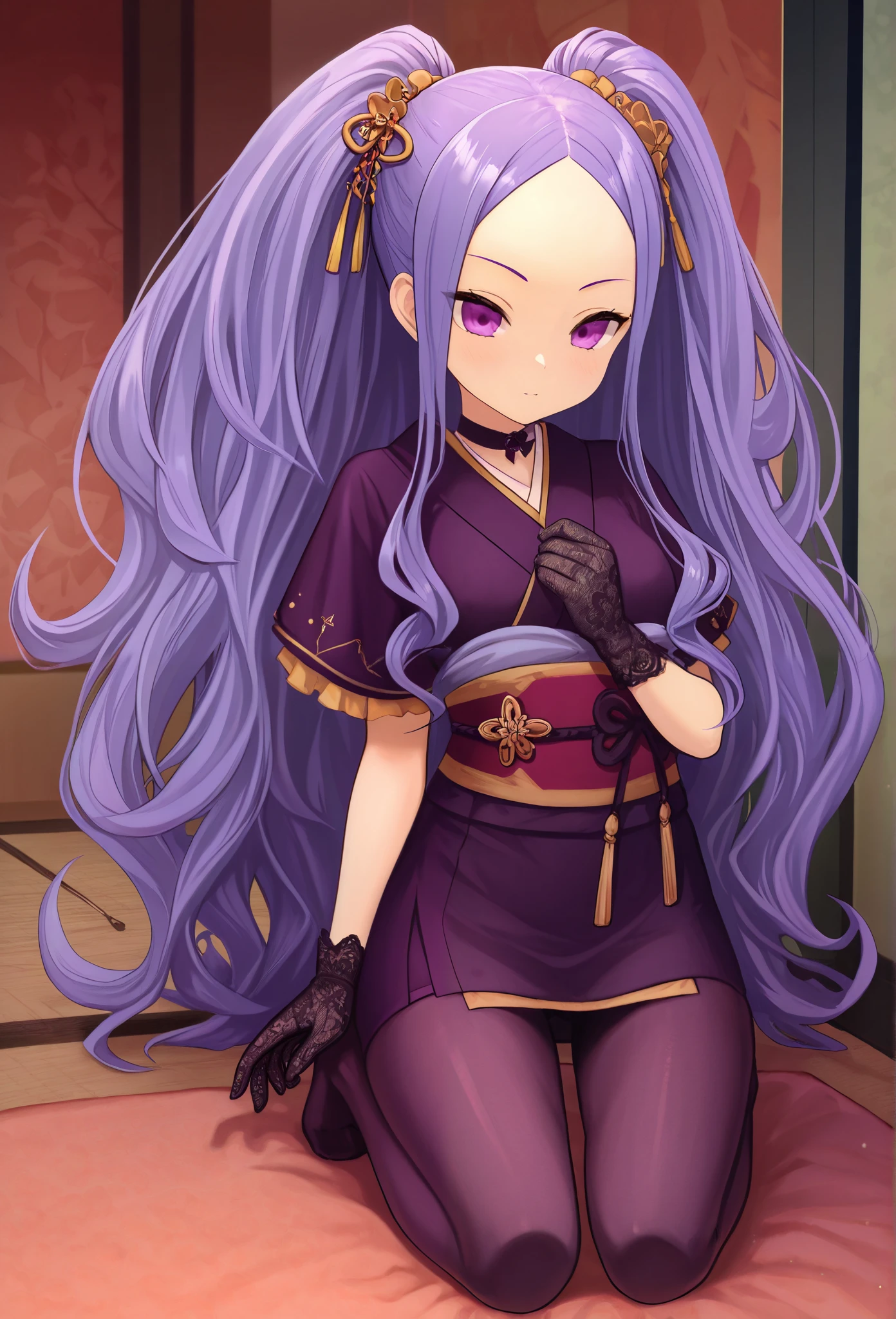1 part-time girl , long hair, purple hair, PURPLE EYES , double ponytail, Forehead, kimono, Short sleeve, indoor, tights , , high quality , very beautiful , absurd, high resolution , Latest, waist , Lace gloves, dark purple pantyhose, No shoes