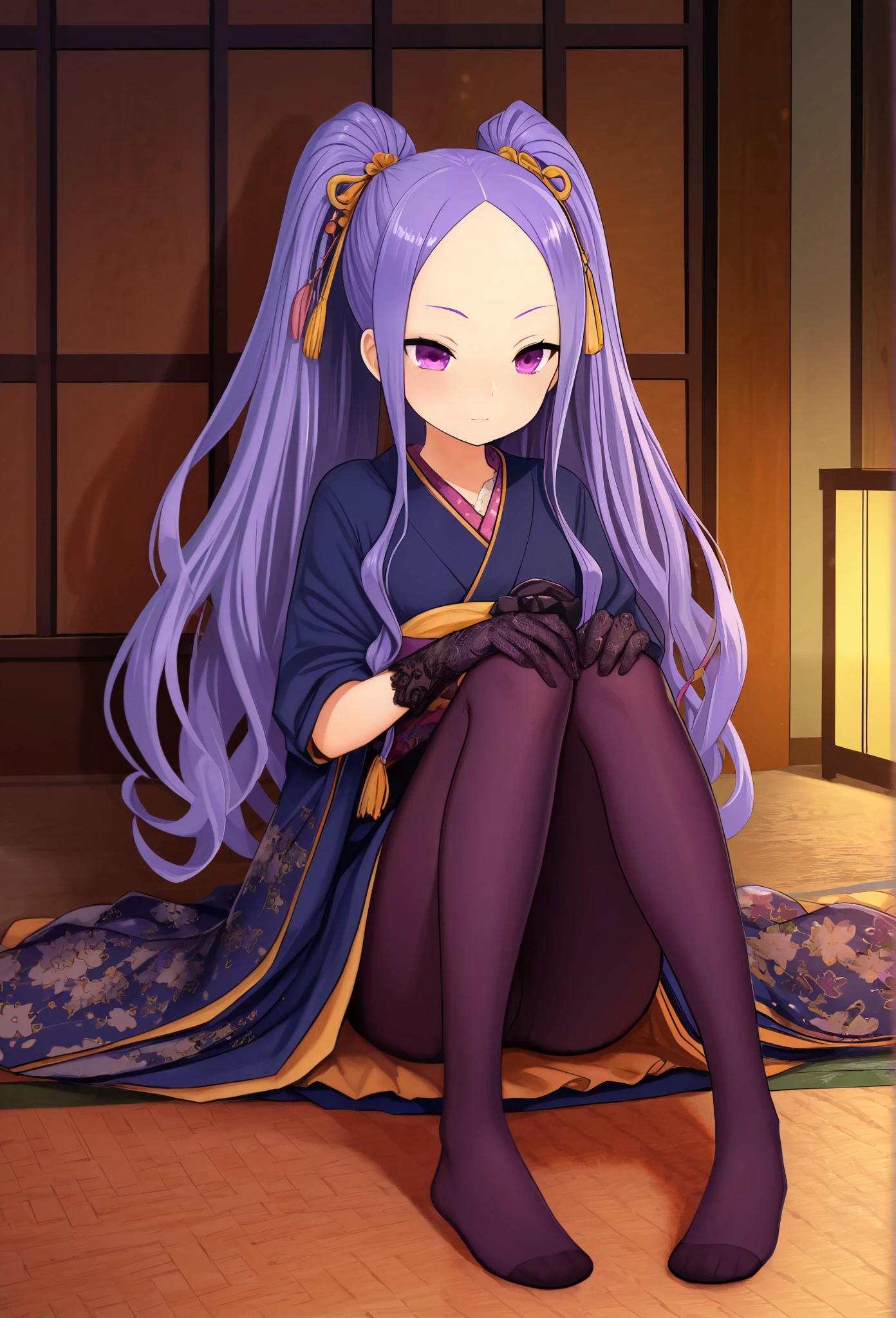 1 part-time girl , long hair, purple hair, PURPLE EYES , double ponytail, Forehead, kimono, Short sleeve, indoor, tights , , high quality , very beautiful , absurd, high resolution , Latest, waist , Lace gloves, dark purple pantyhose, No shoes