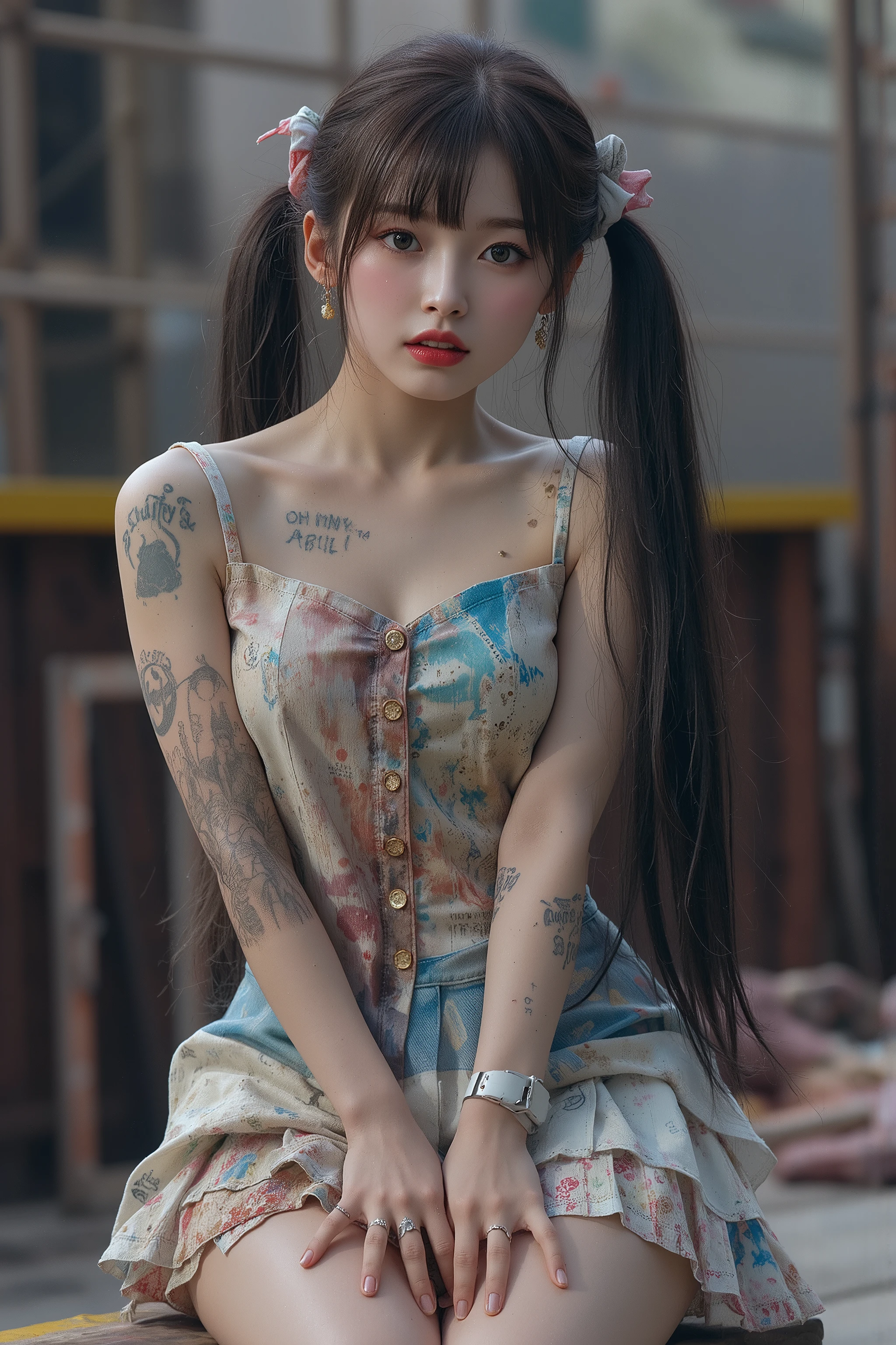 NSFW, 
Realistic, 

full body,
Looking at the camera and looking a little surprised,

Young Korean girl,  
she is having sex,
She is Arin, the youngest member of the idol group "OH MY GIRL",
bangs, twintails, pony tail, twinbun, bun hair, long hair,
She is in her early s,
She has very white skin,
She has dark brown hair,
Her thighs are plump and firm,
Her clothes are old and very dirty,
She has a tattoo that says "slutty ARIN",
She has a tattoo of a picture of a poop,
She has a lot of warts, 
She has an infectious disease,
She has a lot of scars,

she wearing idol stage miniskirty dress,
3-tiered ruffle miniskirt dress,
colorful miniskirt dress,
((Her clothes is very dirty)),
Her clothes have a lot of stains,
((Her clothes are torn in places)),

A girl staging in porn & sex show, 
Her sex partners are non-human,
(Her belly is still in the early stages of pregnancy and has not yet expanded:0.5).

She lives in the slums,
ruined stage,

