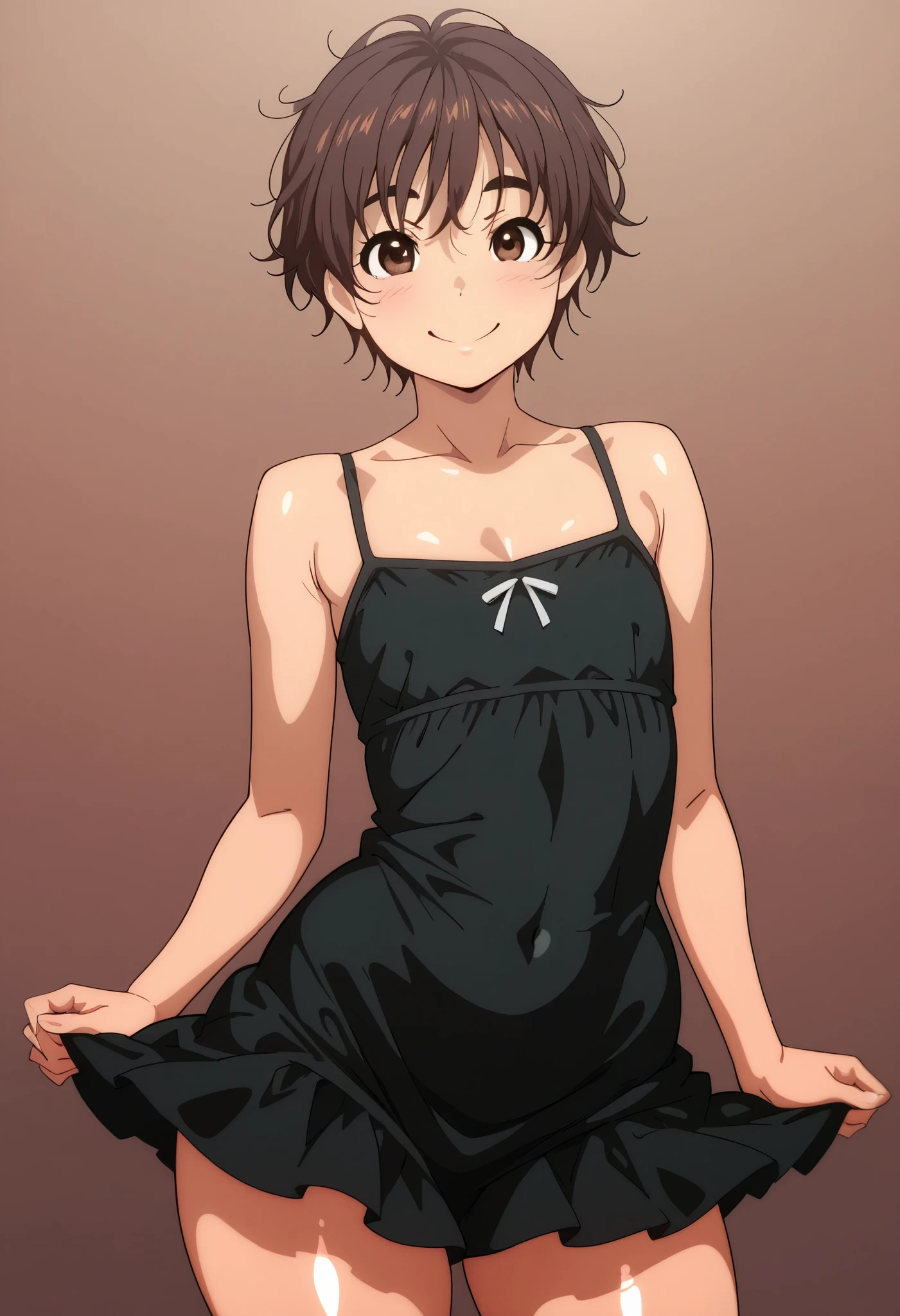 1boy, shiny hair, dark brown hair, short hair, messy boyish hair, brown eye, curvy, smiling , flat chest , dressed