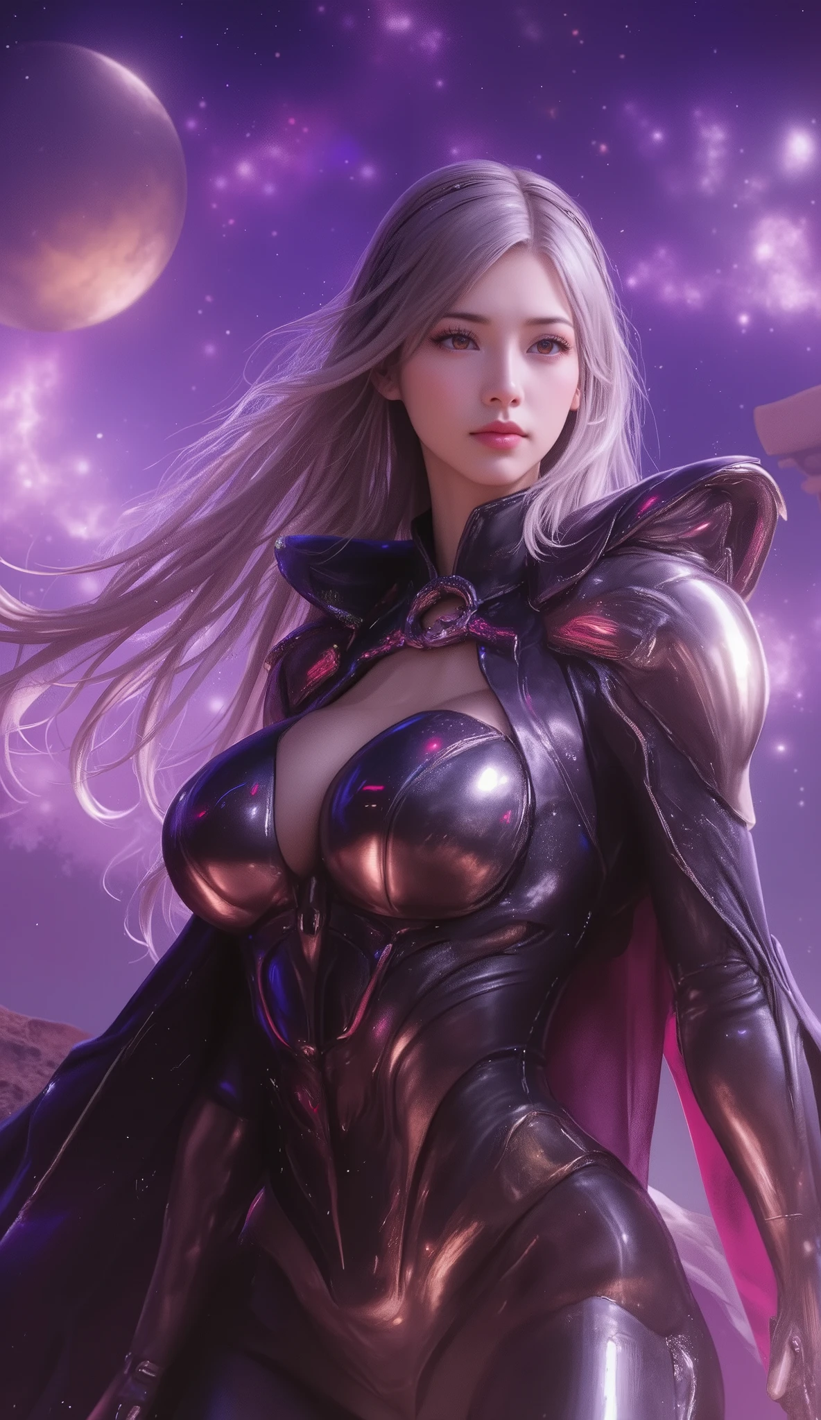 A scene from a George Lucas movie、 masterpiece, top quality , 4K, Mecha,Samurai in Space , Cosmic Space, Lightsaber, Spaceship、planet、Cape, headband , Read more, long hair, gray hair, Big Breasts、 deep cleavage at the tip of the nipple、 cyberpunk, depth of field on the shoulder , blurry background,
