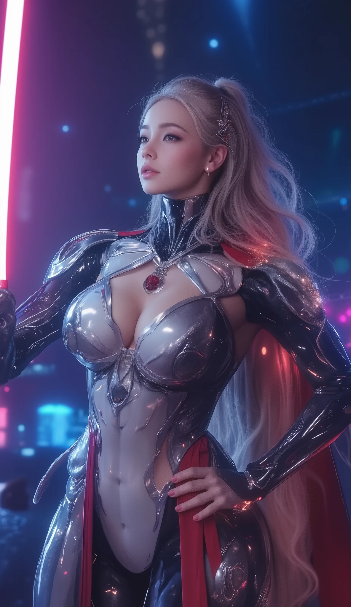 A scene from a George Lucas movie、 masterpiece, top quality , 4K, Mecha,Samurai in Space , Cosmic Space, Lightsaber, Spaceship、planet、Cape, headband , Read more, long hair, gray hair, Big Breasts、 deep cleavage at the tip of the nipple、 cyberpunk, depth of field on the shoulder , blurry background,