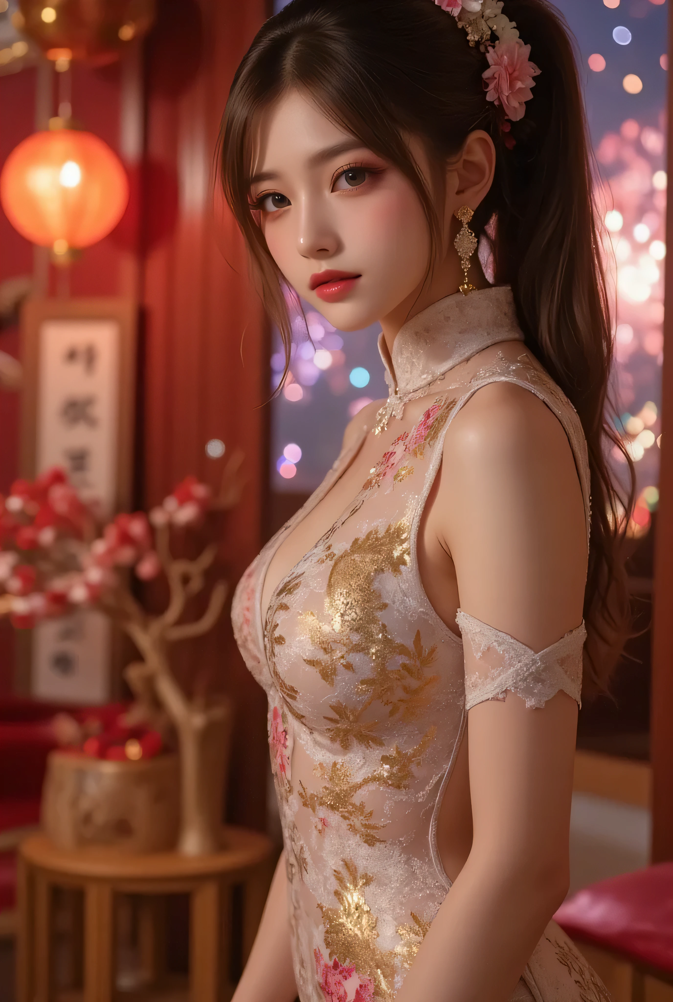 Cat ears、 face up, attractive, pretty girl, ponytail、few beautiful lady hair decorations, (( fine facial features , eroticism)), dramatic lighting , realistic , 8k, Dramatic Shadows , intricate and elaborate patterns , super detailed photo , chiaroscuro lighting , Pleasant colors , deep contrast , super real 、 pink lipstick、 warm room、Vintage Fireplace 、 cinematic composition、Close-up of face, pretty half part transparent open shoulder loose outfits dress, tang style, A beautiful Korean idol wearing a one piece red-transparent-black-silver-go;d-purple-green shinning tightly cheongsam with phoenix and intricate floral golden embroidery, golden and silver outline on dress, standing gracefully in a room filled with traditional Chinese New Year decorations. The room features vibrant red lanterns, decorative calligraphy scrolls, a small Chinese orange tree with golden ornaments, and several red envelopes scattered across the floor and hanging from the tree. Adorable, playful cats are part of the scene—some sitting near the tree, others curiously pawing at the red envelopes or lounging around. Through a window or an open door in the background, vibrant Chinese fireworks light up the night sky in an array of reds, golds, and blues, casting a magical glow into the room. The idol’s outfit is paired with subtle accessories like red hairpins or earrings, complementing the festive look. The atmosphere is warm and lively, filled with the joyful essence of the celebration, enhanced by the shimmering lights of the fireworks and the lively decor.
