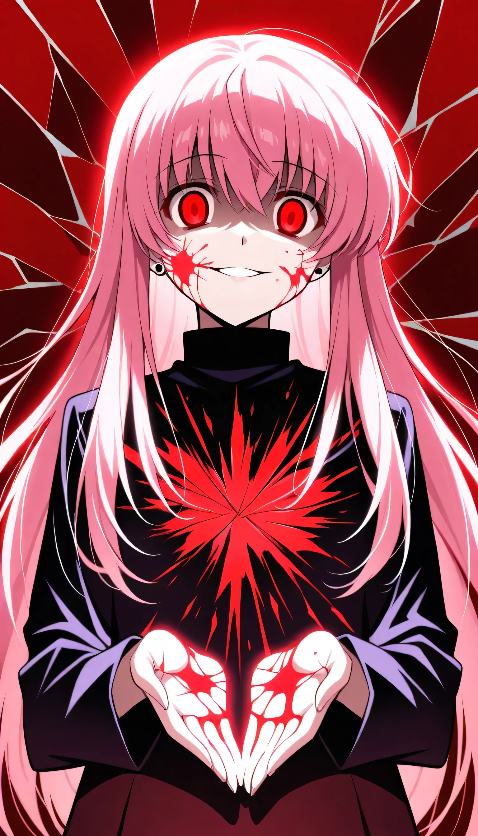 Create a hyper-detailed digital painting of Yuno Gasai from Mirai Nikki (Future Diary) with a malicious stare, her hands gripping her face in a possessive manner, and a wide, unsettling smile that reveals her psychotic nature. Emphasize her iconic pink hair cascading wildly around her, red, piercing eyes glowing with madness, and faint blood splatters on her cheeks to hint at her violent tendencies . The background should be dark and chaotic, with faint shadows of shattered glass or diary pages swirling around her, symbolizing her fractured psyche . Use a mix of dramatic lighting and vivid colors (deep purples and crimsons) to amplify the eerie, yandere atmosphere. Include subtle details like a glimmering katana in the foreground or a faint reflection of Yukiteru Amano in her eyes to reference her obsessive love . Style: Anime-inspired realism with sharp contrasts and intricate textures.