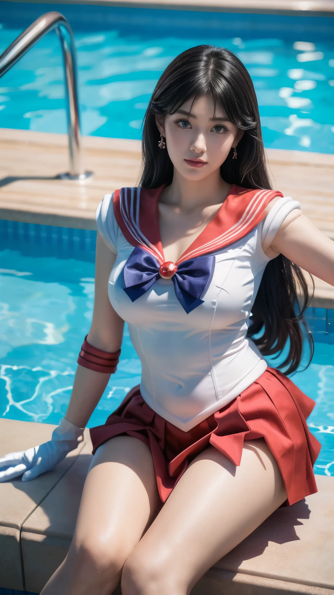 masterpiece, Highest quality, high resolution, (realistic), RAW photo, Octane rendering, Chubby face:1.1, sexy, Highest quality, Very detailed, Very accurate, Chubby face: 1.2, ((Wearing a Sailor Mars costume)), close-up of a girl in a sailor costume posing near a swimming pool, anime girl cosplay, anime cosplay, cosplay, cosplay photo, realistic cosplay, anime girl in real life, full-cosplay, Sailor Moon. beautiful, baby face, light makeup, natural makeup, big breasts, tall and large body posture, thin lips, pink lips, pleated skirt, super short mini skirt, realistic anime photo, professional cosplay, sailor uniform, Sailor Moon style, ((red skirt, red sailor collar, red choker, bow tie on the chest, blue tie)), black hair, long hair, bun hairstyle, ((Sailor Mars signature hair)), long gloves, ((white gloves)), tiara, crescent moon earrings, (((background by the poolside))), body drawn perfectly, perfect hands and feet, perfect finger details, Sailor Mars, Sailor Mars cosplay, realistic.