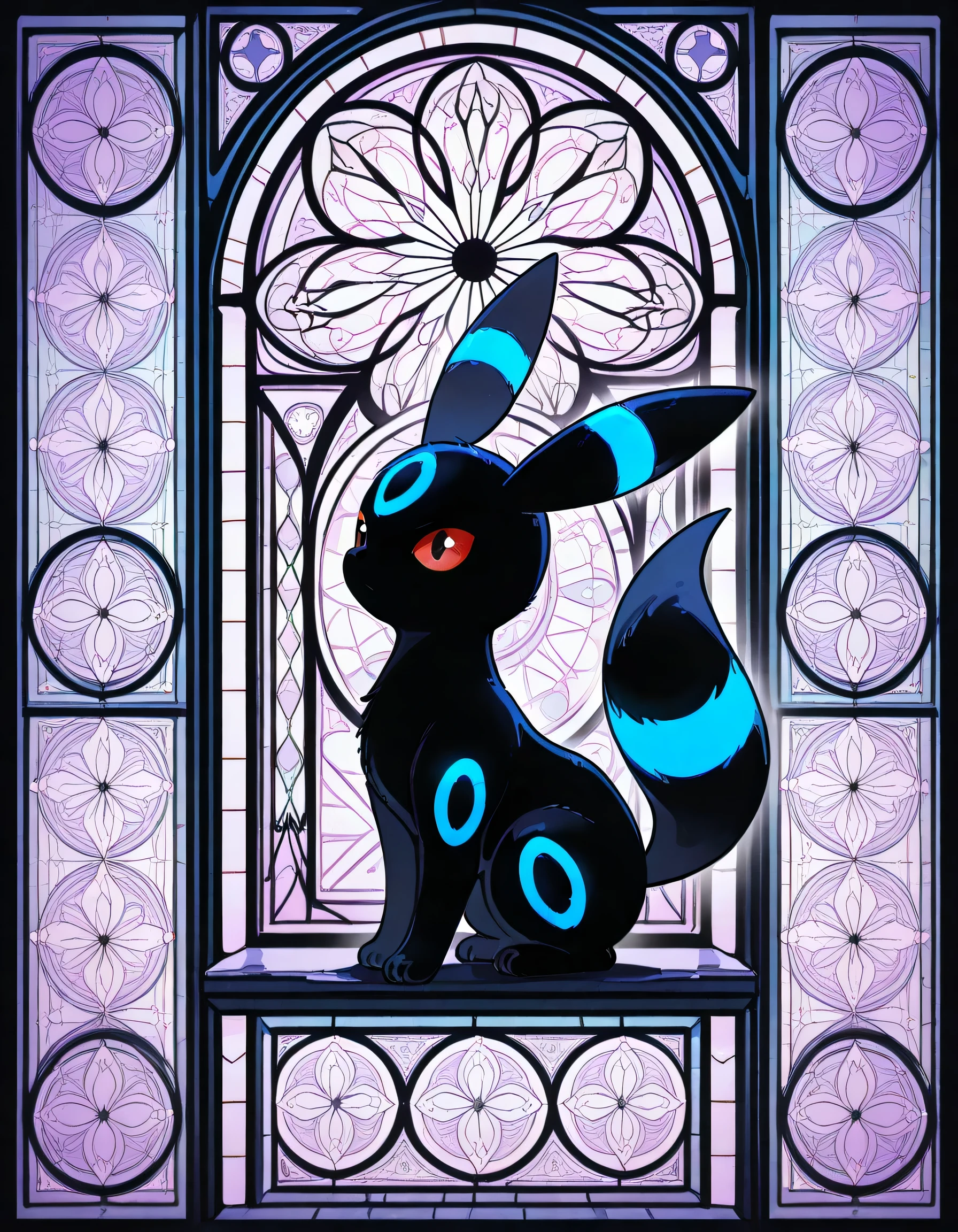 sideview,Umbreon( Pokemon ),black luck , geometric mystical background, Stained Glass Style ,A sinister atmosphere, (main character: 1.3), fantastic world view,lineart, manga style,illustration