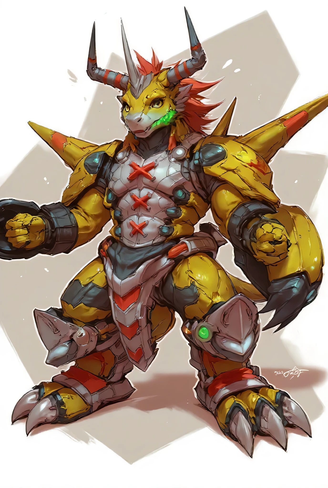 Agumon protogen yellow with small teeth and brown eyes reminiscent of a Tyrannosaurus Rex