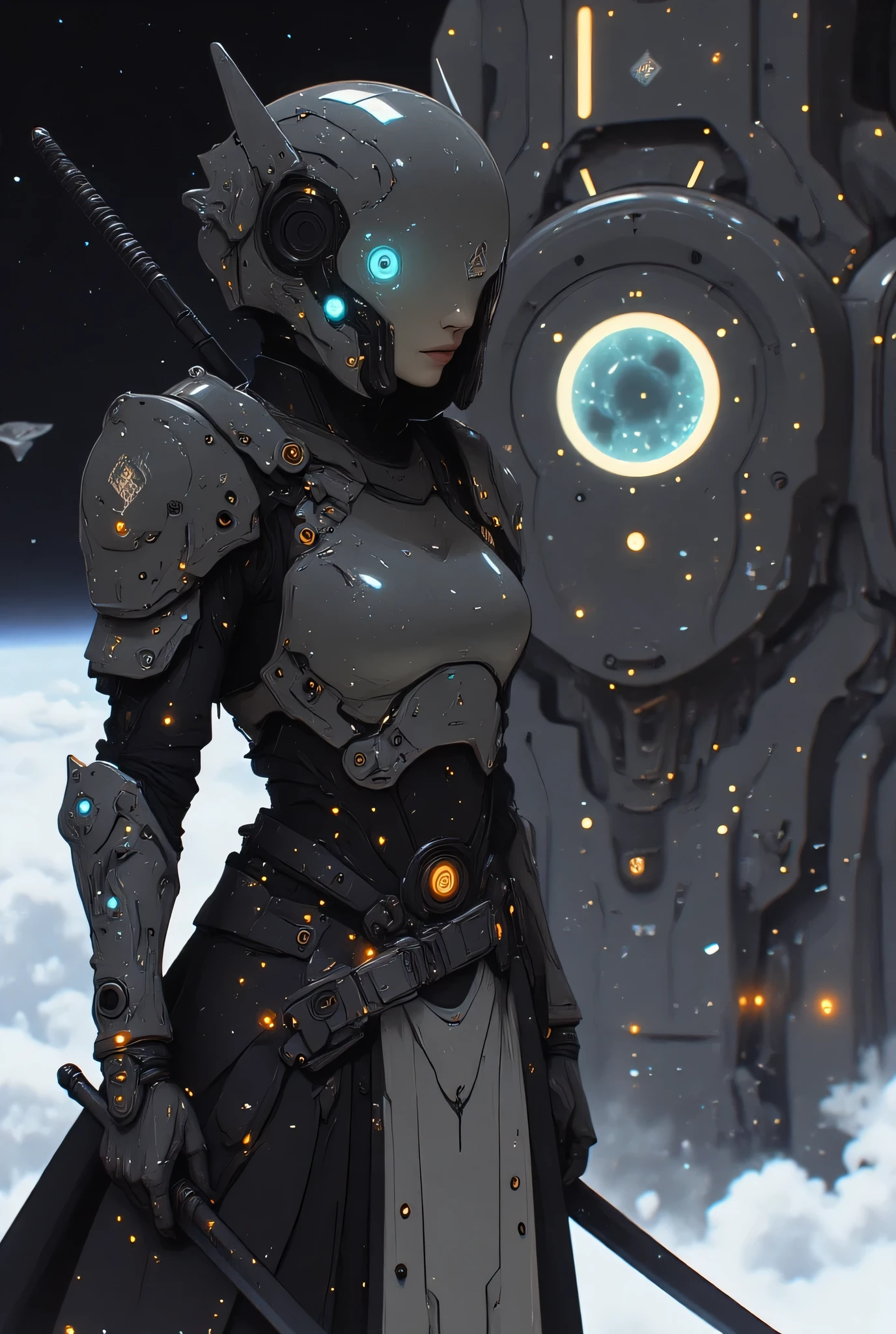 samurai、warrior、A cybernetic female cosmic samurai stands poised on the observation deck of a colossal interstellar battleship, her obsidian space-helm visor reflecting nebula patterns while maintaining her composed warrior’s gaze. Her right arm transforms into an intricate astro-mechanical limb with glowing plasma conduits replacing veins, holographic interface rings floating around articulated joint mechanisms. She grips a plasma-charged kunai crackling with stellar energy in her organic left hand.

Her armor synthesizes traditional samurai kabuto elements with celestial combat systems - meteorite-forged shoulder guards house retractable thruster packs, while her obi belt integrates zero-gravity stabilization modules. The battleship’s pulsating warp core casts an ethereal blue glow across her armor’s nano-weave surface, revealing constellation patterns in the metallic threading.

Behind her stretches the infinite cosmos, dominated by the battleship’s gargantuan cyber-shogunate hull bristling with quantum torpedo bays and prismatic shield projectors. Micro-meteorites spark against the ship’s defensive barrier as she stands anchored by magnetic boots, solar winds billowing her photon-weave haori adorned with holographic clan insignias. Drifting space debris and combat drones frozen in mid-explosion surround the warship, capturing the moment before the battle’s crescendo.