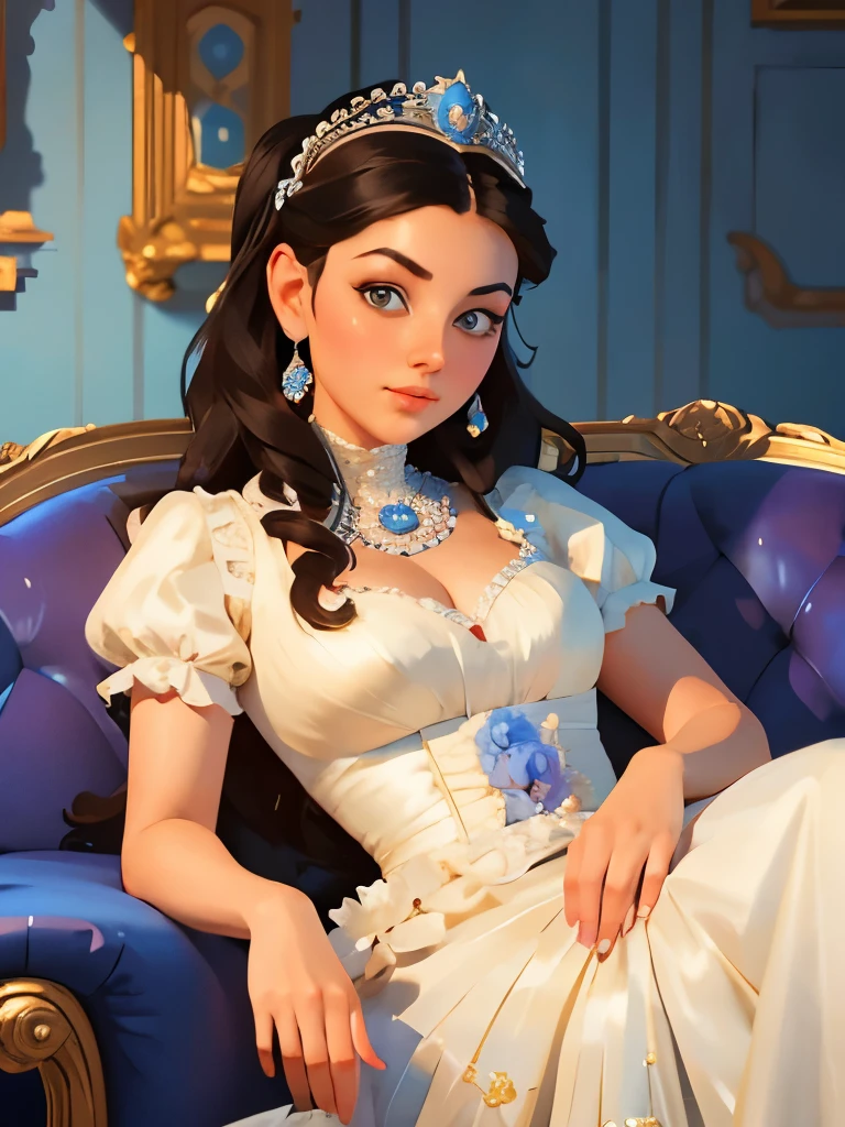 Araffe dressed in a white dress and tiable sitting on a blue couch ...
