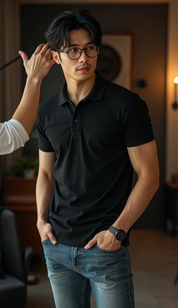 ((realistic daylight)) , (Korean guy in black polo shirt only) , Jeans, A handsome, muscular young Asian man looks at the camera. , In a computer shop ,turn sideways, smile
