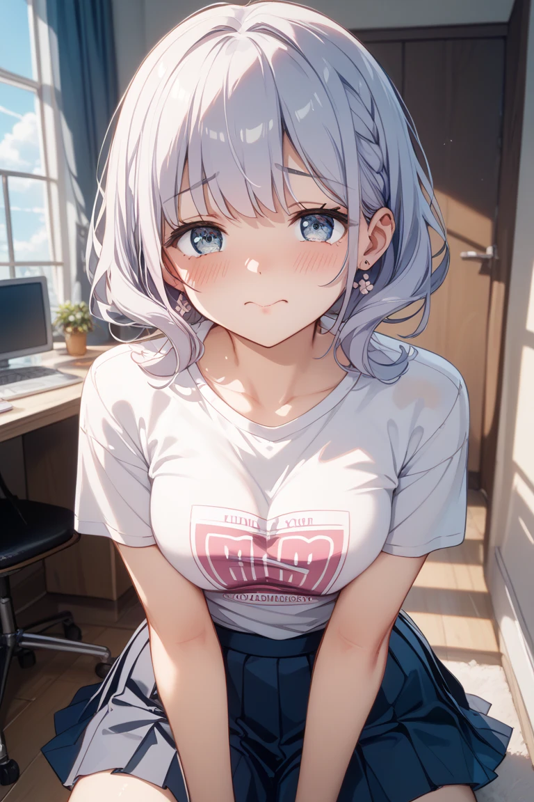 Anime, girl, teenage, short hair, white hair, plae blue eyes, cool, earrings, wearing a white over size t-shirt and panties, cute, angel wings and halo ring, medium boobs, laying on the bed, books,