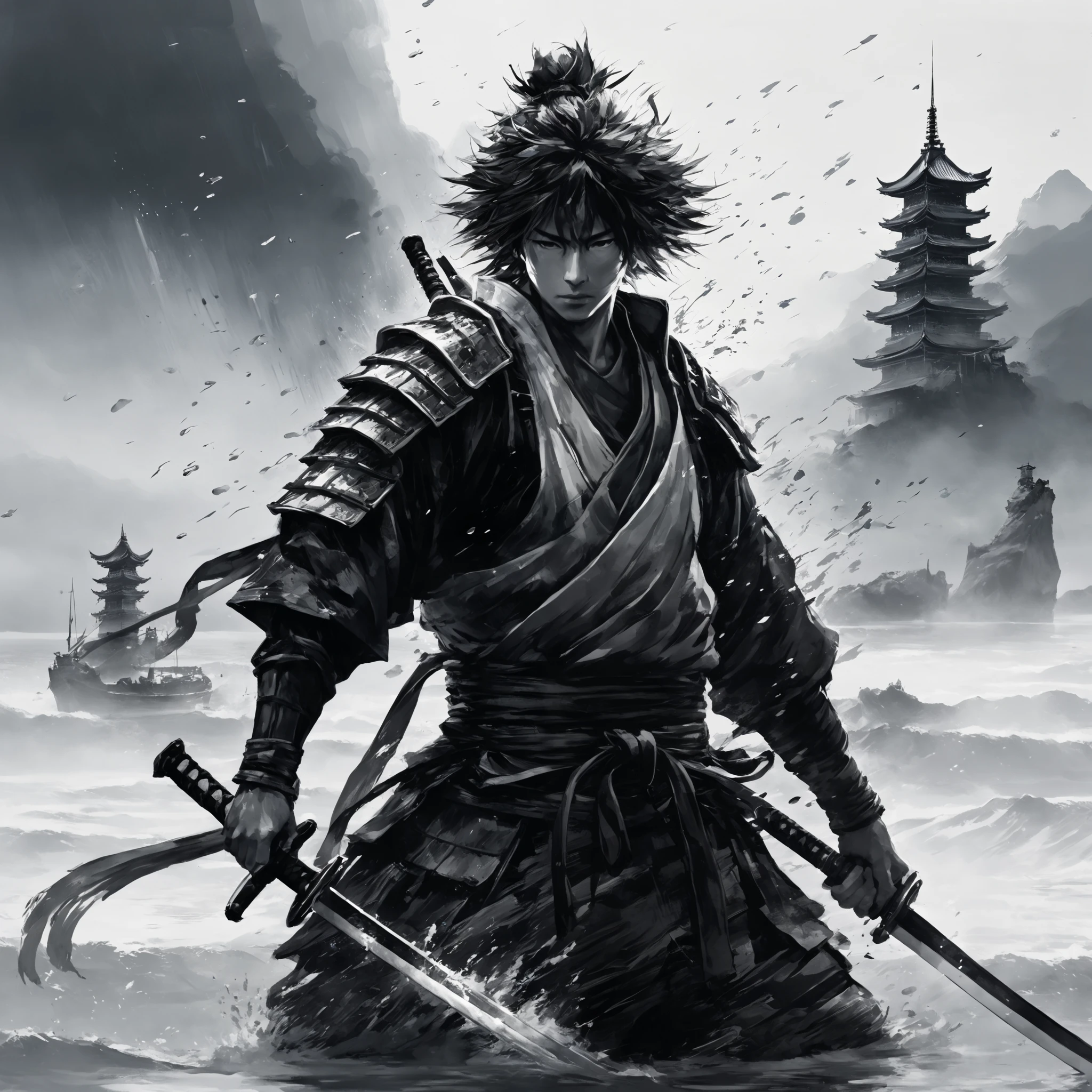 black and white painting ,Ink painting, splash floating in the sea, mamba hair, Samurai Armor,seiza, is cool, handsome, holding a sword,whole body,One person,Red flame from the eye,