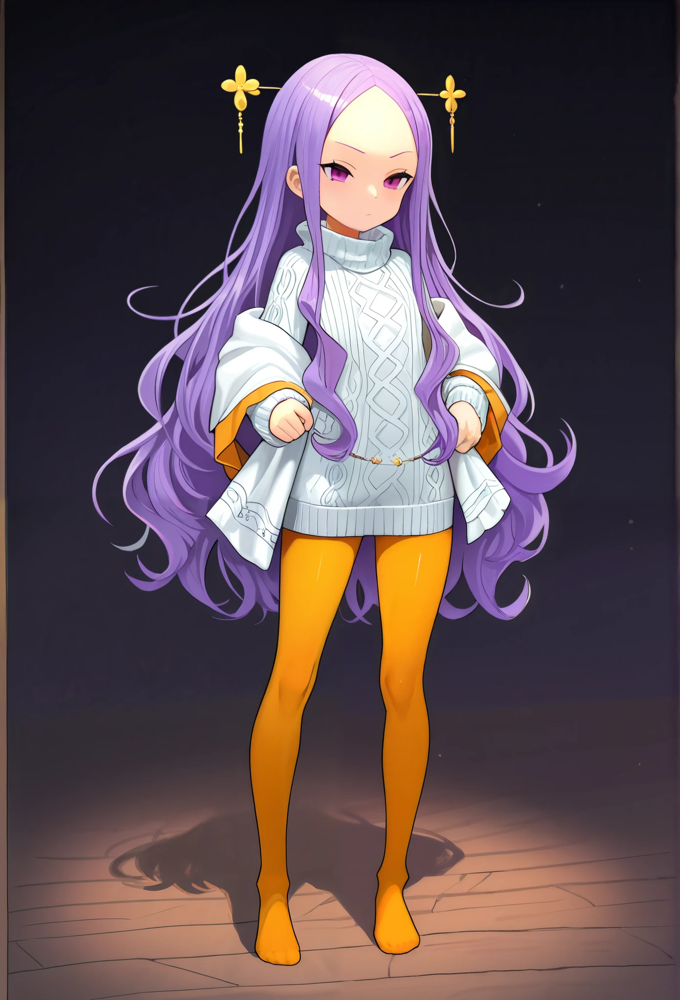 1 part-time girl , long hair, purple hair, PURPLE EYES , Ball head, Forehead, Forehead贴着叉, Bow hairpin, long sleeve gray hip cover sweater, white plush shawl , Pinch your cuffs , high quality , very beautiful , absurd, high resolution , Latest, Orange pantyhose, No shoes, Wear socks barefoot
