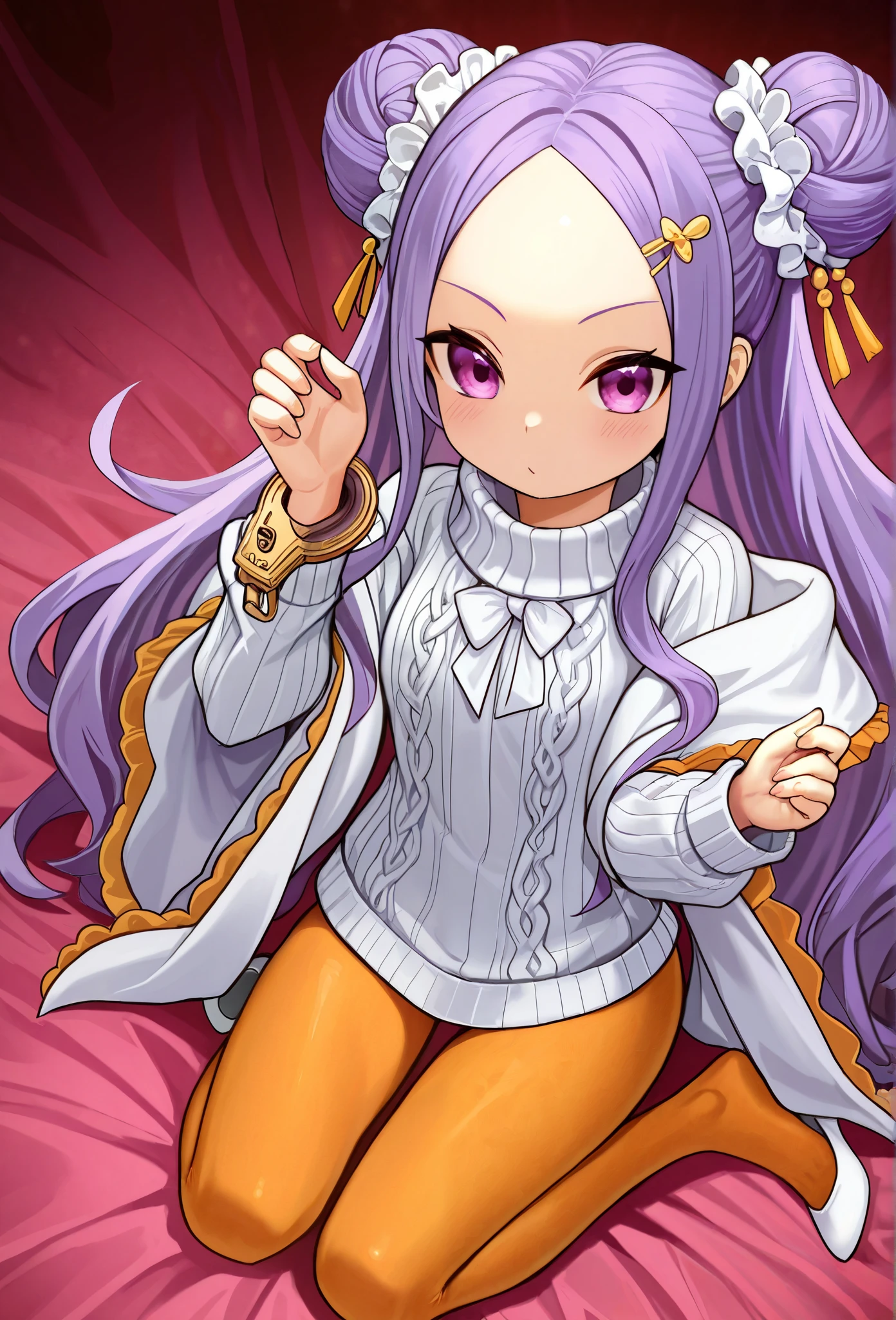 1 part-time girl , long hair, purple hair, PURPLE EYES , Bun head, Forehead, Forehead贴着叉, Bow hairpin, long sleeve gray hip cover sweater, white plush shawl , Pinch your cuffs , high quality , very beautiful , absurd, high resolution , Latest, Orange pantyhose, not wearing shoes