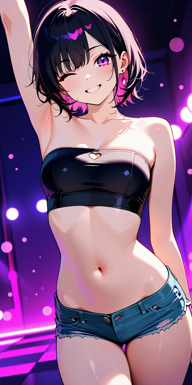 masterpiece, top-quality, Detailed details, beautiful lights, 1girl in, 23years old, toned hot body,Black eyes,Mischievous smile, Short black hair,bangle,a choker,piercings, wearing bra and panties, Navel Ejection, normal pose, detailed skin textures
