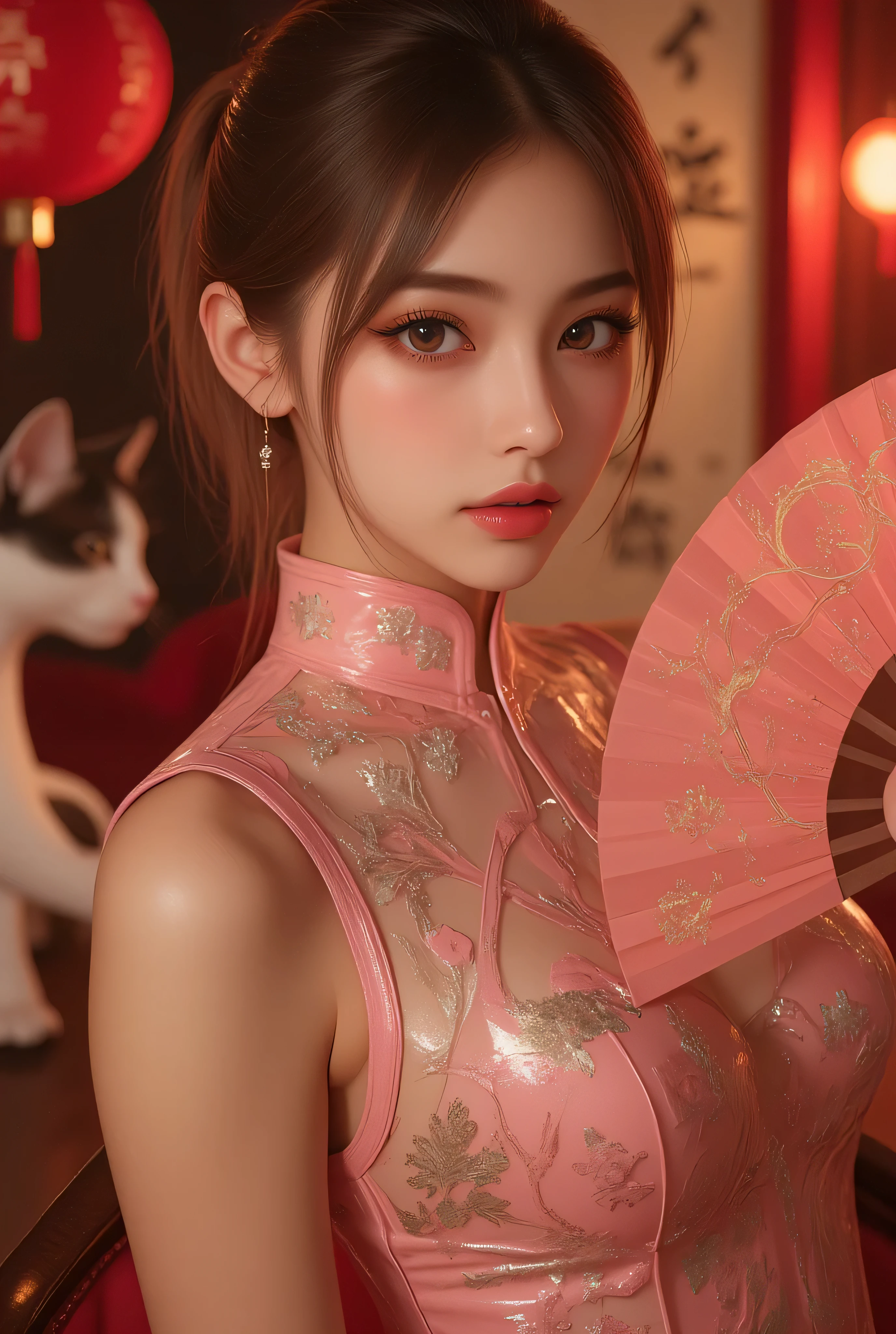 Cat ears、 face up, attractive, pretty girl, ponytail、 (( fine facial features , eroticism)), dramatic lighting , realistic , 8k, Dramatic Shadows , intricate and elaborate patterns , super detailed photo , chiaroscuro lighting , Pleasant colors , deep contrast , super real 、 pink lipstick、 warm room、Vintage Fireplace 、 cinematic composition、Close-up of face, pretty half part transparent open shoulder loose outfits dress, tang style, A beautiful Korean idol wearing a one piece red- black tightly cheongsam with phoenix and intricate floral golden embroidery, golden and silver outline on dress, hand hold pink feathers transparent Chinese fan with golden ink painting of bird and tree , standing gracefully in a room filled with traditional Chinese New Year decorations. The room features vibrant red lanterns, decorative calligraphy scrolls, a small Chinese orange tree with golden ornaments, and several red envelopes scattered across the floor and hanging from the tree. Adorable, playful cats are part of the scene—some sitting near the tree, others curiously pawing at the red envelopes or lounging around. Through a window or an open door in the background, vibrant Chinese fireworks light up the night sky in an array of reds, golds, and blues, casting a magical glow into the room. The idol’s outfit is paired with subtle accessories like red hairpins or earrings, complementing the festive look. The atmosphere is warm and lively, filled with the joyful essence of the celebration, enhanced by the shimmering lights of the fireworks and the lively decor.