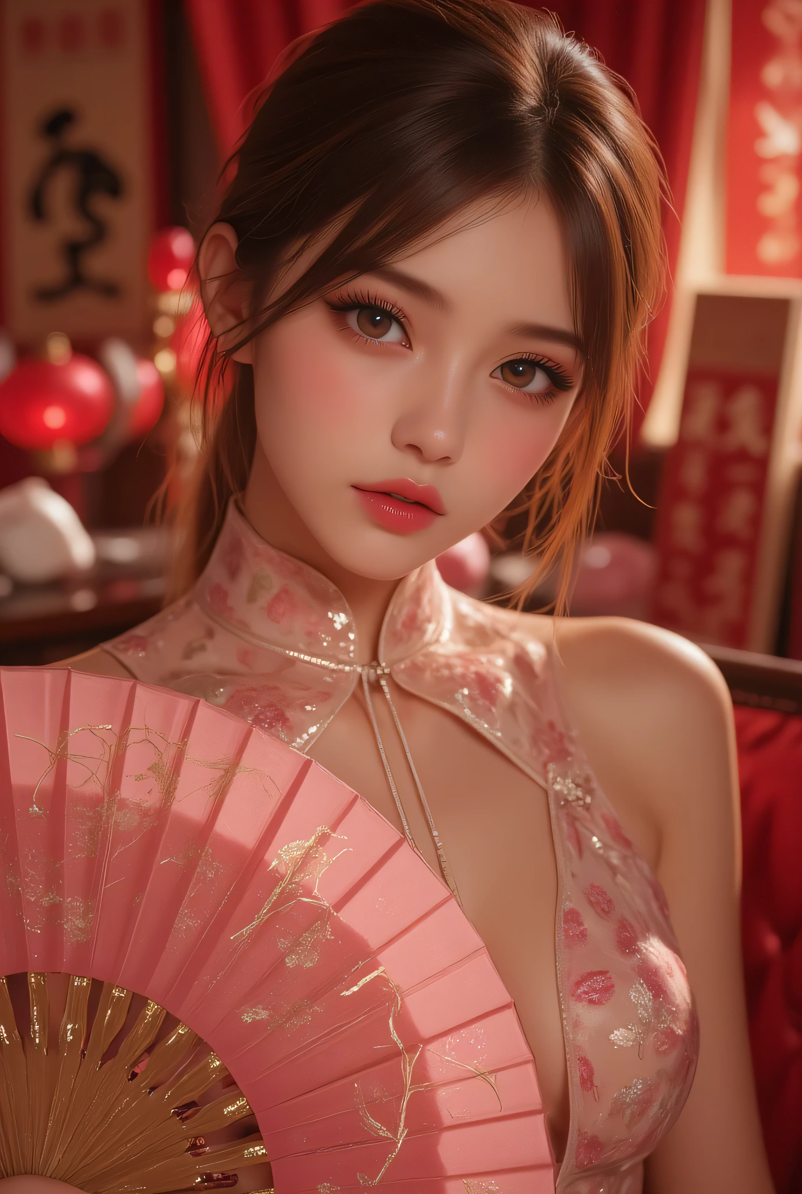 Cat ears、 face up, attractive, pretty girl, ponytail、 (( fine facial features , eroticism)), dramatic lighting , realistic , 8k, Dramatic Shadows , intricate and elaborate patterns , super detailed photo , chiaroscuro lighting , Pleasant colors , deep contrast , super real 、 pink lipstick、 warm room、Vintage Fireplace 、 cinematic composition、Close-up of face, pretty half part transparent open shoulder loose outfits dress, tang style, A beautiful Korean idol wearing a one piece red- black tightly cheongsam with phoenix and intricate floral golden embroidery, golden and silver outline on dress, hand hold pink feathers transparent Chinese fan with golden ink painting of bird and tree , standing gracefully in a room filled with traditional Chinese New Year decorations. The room features vibrant red lanterns, decorative calligraphy scrolls, a small Chinese orange tree with golden ornaments, and several red envelopes scattered across the floor and hanging from the tree. Adorable, playful cats are part of the scene—some sitting near the tree, others curiously pawing at the red envelopes or lounging around. Through a window or an open door in the background, vibrant Chinese fireworks light up the night sky in an array of reds, golds, and blues, casting a magical glow into the room. The idol’s outfit is paired with subtle accessories like red hairpins or earrings, complementing the festive look. The atmosphere is warm and lively, filled with the joyful essence of the celebration, enhanced by the shimmering lights of the fireworks and the lively decor.