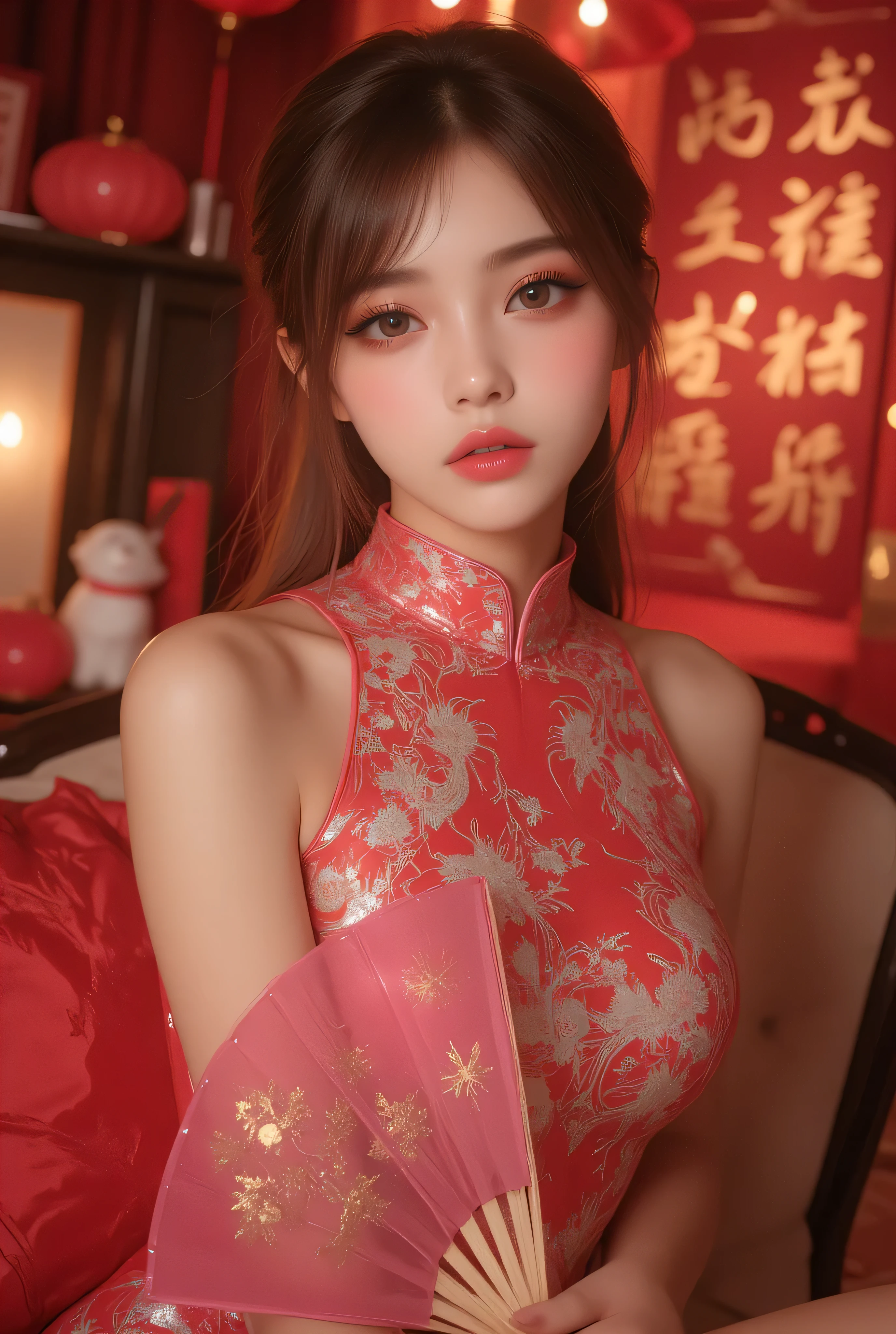 china dress with heart cutout, 1girl ,solo , sitting , long hair , beautiful face