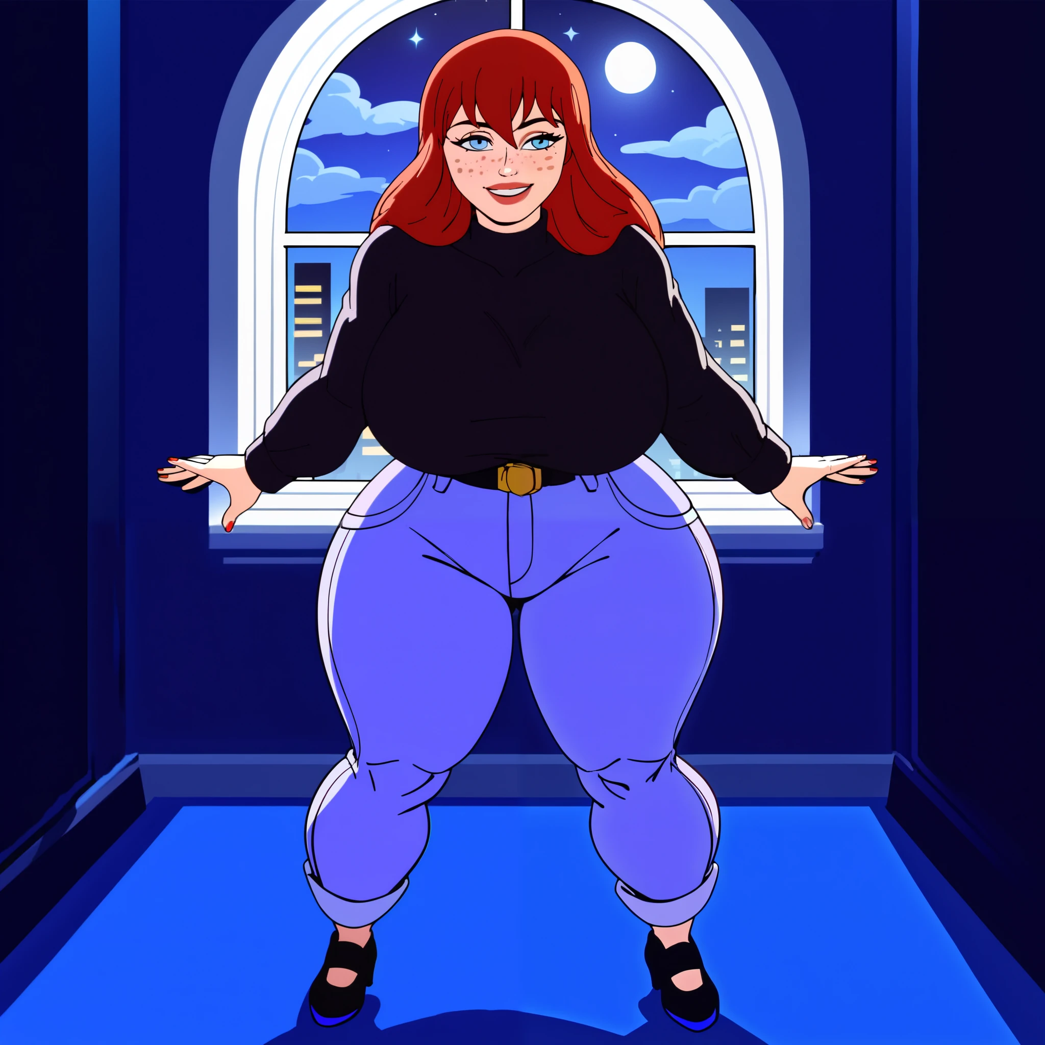 score_9, score_8_up, score_7_up, score_6_up, score_5_up, score_4_up, BREAK, 1girl, MJ, freckles arcoss face, blue eyes, dark red hair, long sleeve black shirt, dark blue long jeans, blue black shoes, long straight hair, 1girl, ((huge breasts, huge butt, thick thighs, curvy hips)), full body view, front view, highly detailed, masterpiece, standing, seductive smile, inside new york apartment background, dark blue walls, blue carpet, at night, moon shining down through window.