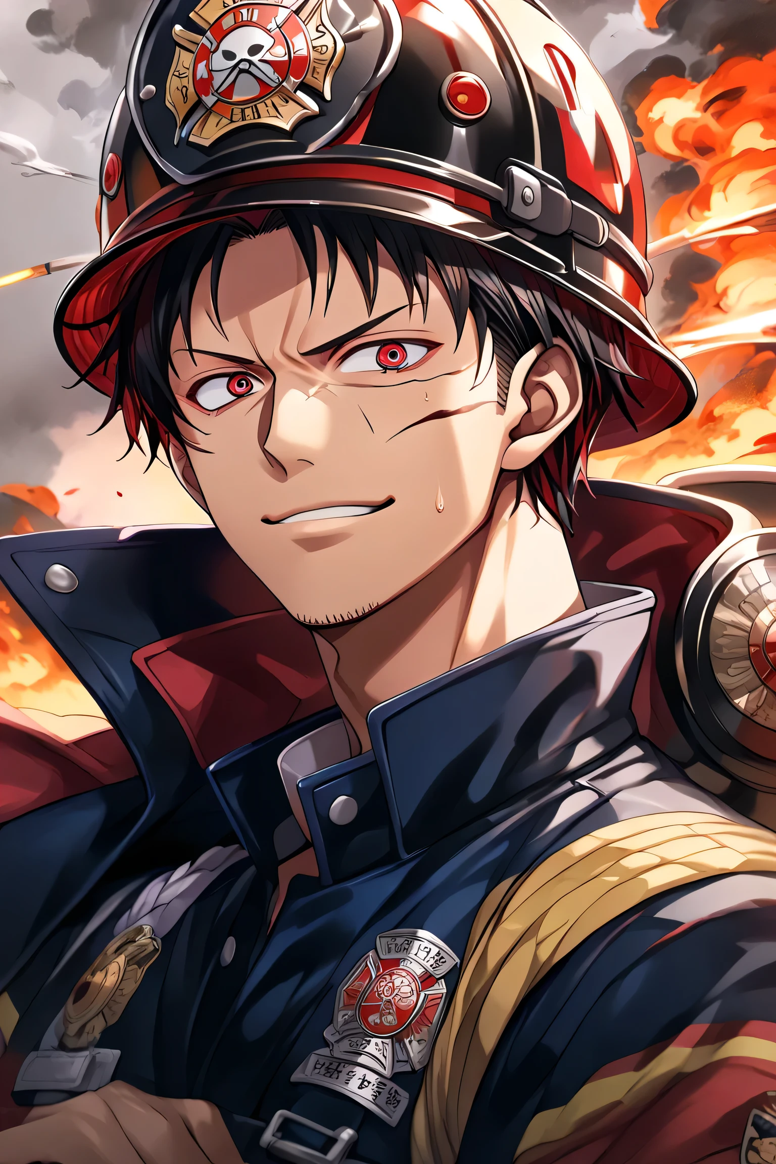 (  1 girl ),(  highly detailed eyes,  Highly Detailed Faces ), (  Hi-Res ), (  top quality :1.4),An anime-style illustration in the One Piece art style, depicting a strong and determined Japanese male firefighter. The composition focuses on his upper body, emphasizing his heroic presence. His muscular build and confident expression showcase his bravery and dedication to protecting others.

He wears a traditional firefighter uniform with a slightly worn yet sturdy appearance, reflecting his experience and hard work. His helmet, adorned with a firefighter emblem, sits atop his head, tilted slightly to add a dynamic touch. His eyes are filled with unwavering determination, and a smirk or confident smile enhances his bold personality.

The background is minimalistic yet impactful, with hints of smoke or fire embers in the air, subtly suggesting his environment without overpowering the composition. The One Piece style brings exaggerated yet expressive facial features and bold linework, making him look powerful and charismatic. His stance, posture, and expression embody the essence of a true hero who is always ready to face danger head-on.