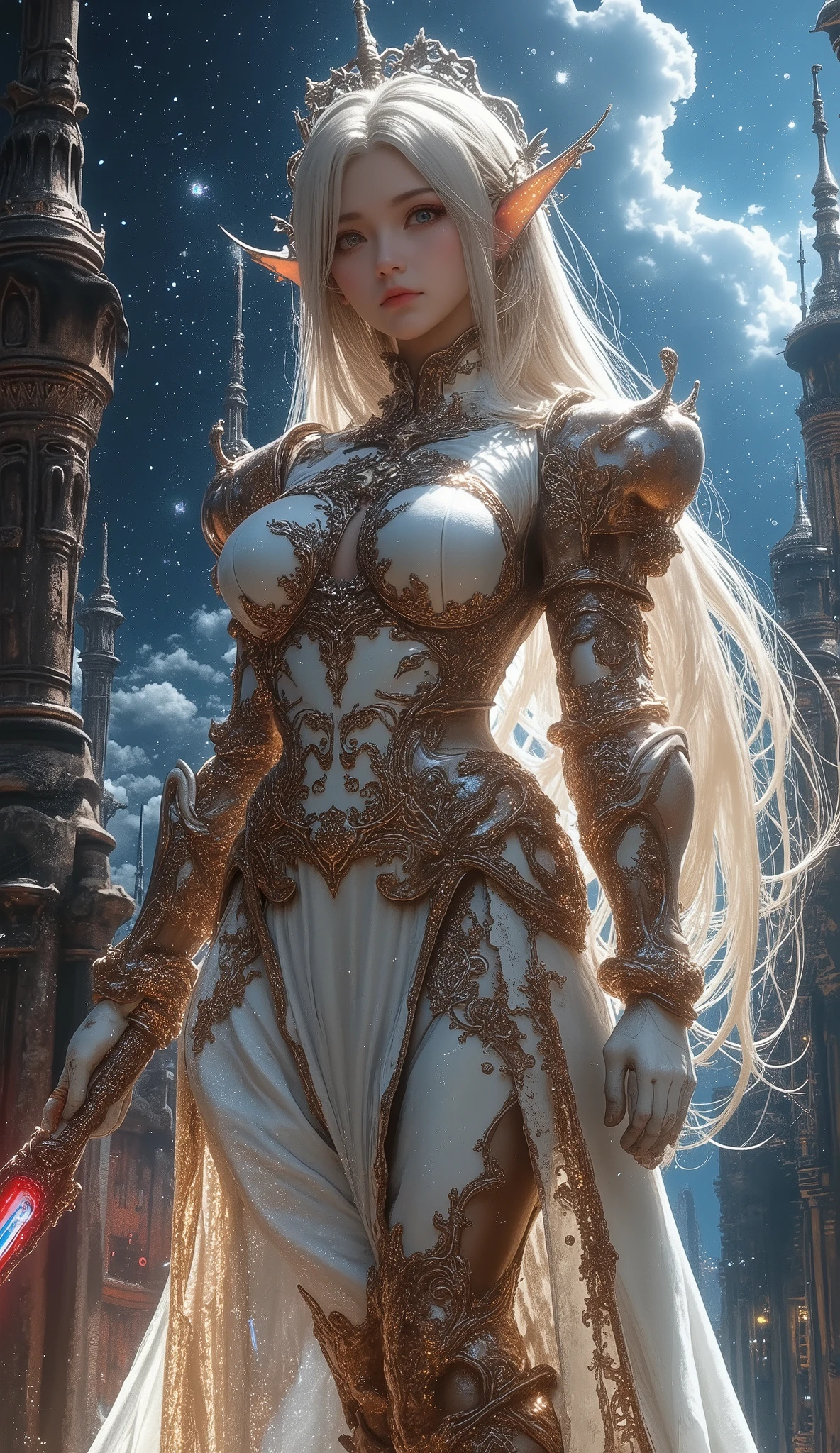 A scene from a George Lucas movie、 masterpiece, top quality , 4K, Mecha,Samurai in Space , Cosmic Space, Lightsaber, Spaceship、planet、Cape, headband , Read more, long hair, gray hair, Big Breasts、 deep cleavage at the tip of the nipple、 cyberpunk, depth of field on the shoulder , blurry background,