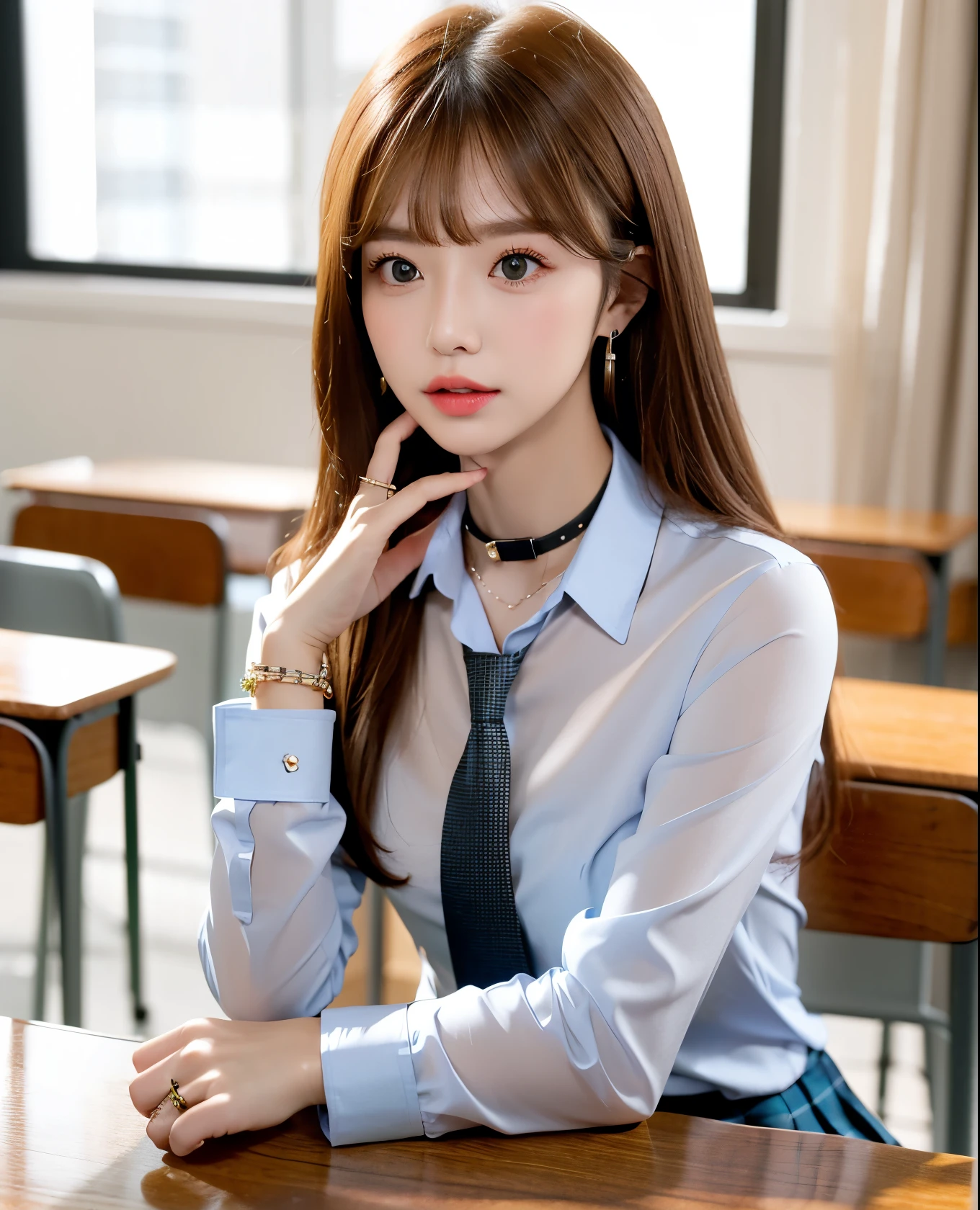 Masterpiece, top quality,sitting on the desk, green, Japanese, ktgw , long hair, Swift Bangs, multi-colored hair , color chip , blond hair, Brown Eyes, chest, ear piercing, bead bracelet, Long-sleeved shirt with arms rolled up, tied shirt , bracelet, ring, pendant choker , white collared shirt, tie shirt, blue tie, pleated skirt, Plaid Skirt , v overeye , classroom,