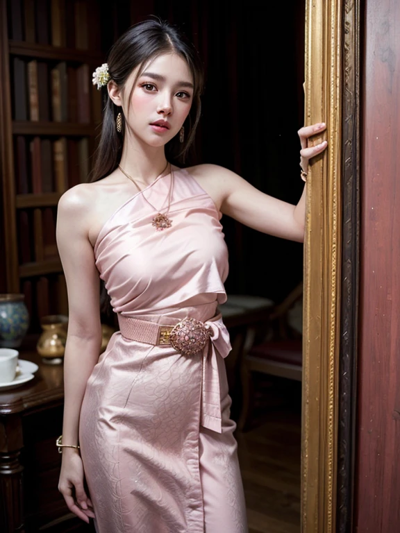 Gentle and charming Chinese beautiful woman, upper body photo, exquisite and sexy collarbone, charming oval face, double eyelids, smart peach blossom eyes, pink lips, small nose, bare shoulders, focused face, face close-up, ultra-high-definition, Super details, elegant standing, lace embroidered high-waisted skirt, lace flower hollow design, meticulous workmanship, full of big-name style, the tight skirt is perfectly wrapped, so that the natural and smooth body lines are fully displayed.