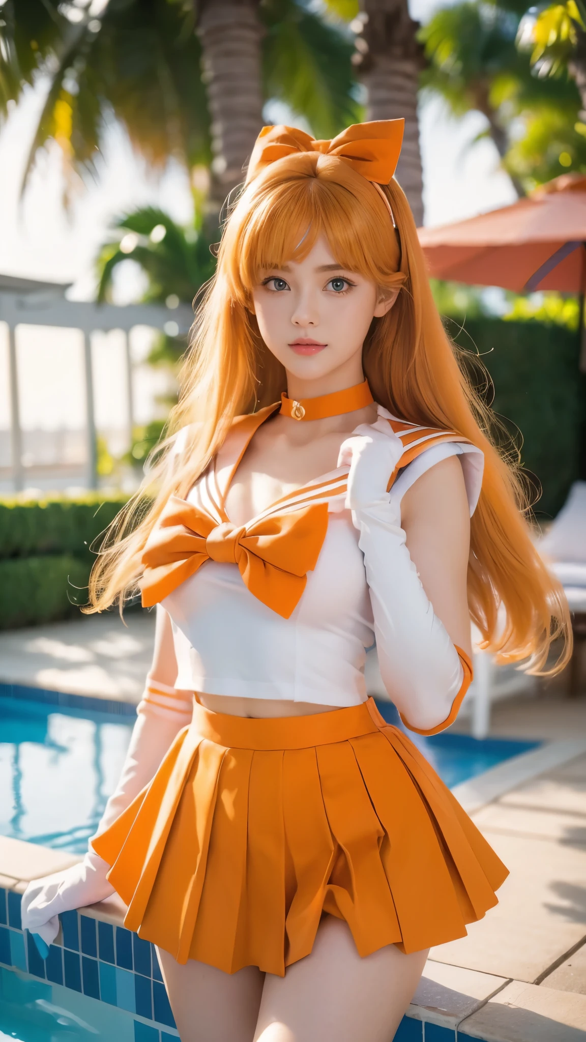 masterpiece, Highest quality, high resolution, (realistic), RAW photo, Octane rendering, Chubby face:1.1, sexy, Highest quality, Very detailed, Very accurate, Chubby face: 1.2, ((Wearing a Sailor Venus costume)), close-up of a girl in a sailor costume posing near a swimming pool, ((Japanese girl)), anime girl cosplay, anime cosplay, cosplay, cosplay photo, realistic cosplay, anime girl in real life, full-cosplay, Sailor Moon. beautiful, baby face, light makeup, natural makeup, big breasts, tall and large body posture, thin lips, pink lips, pleated skirt, super short mini skirt, realistic anime photo, professional cosplay, sailor uniform, Sailor Moon style, ((orange skirt, orange sailor collar, orange choker, orange hair band, bow tie on the chest, blue tie)), blonde hair, long hair, ((Sailor Venus signature hair)), long gloves, ((white gloves)), blue eyes, tiara, crescent moon earrings, (((background by the poolside))), body drawn perfectly, perfect hands and feet, perfect finger details, Sailor Venus, Sailor Venus cosplay, realistic.