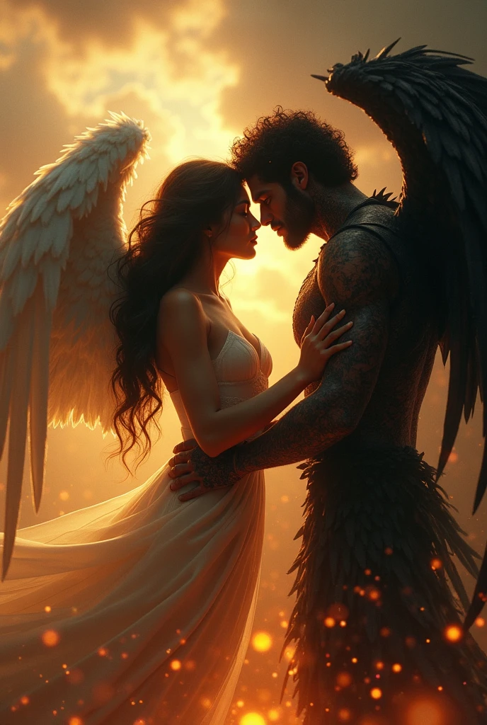 a beautiful angelic man and a demonic woman, embracing, looking directly at the viewer, (best quality,4k,8k,highres,masterpiece:1.2),ultra-detailed,(realistic,photorealistic,photo-realistic:1.37),HDR,UHD,studio lighting,ultra-fine painting,sharp focus,physically-based rendering,extreme detail description,professional,vivid colors,bokeh,fantasy,dramatic lighting,ethereal,mystical,seraphic,elegant,gorgeous,intricate details,chiaroscuro,cinematic composition