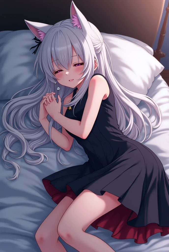 ((Beautiful lighting, Highest quality, 8K, masterpiece: 1.3)), One girl, Perfect Body Beauty, ((Gray Hair)), (White Dress: 1.4), Black bra, (indoor , night: 1.1), Sexy pose (Lie down in bed), Super detailed face, Beautiful Eyes, whole body, Naughty look, stockings