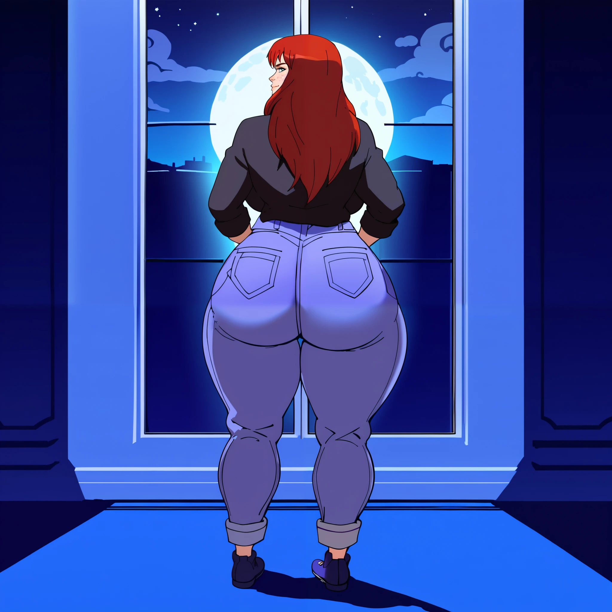 score_9, score_8_up, score_7_up, score_6_up, score_5_up, score_4_up, BREAK, 1girl, MJ, freckles arcoss face, blue eyes, dark red hair, long sleeve black shirt, dark blue long jeans, blue black shoes, long straight hair, 1girl, ((huge breasts, huge butt, thick thighs, curvy hips)), full body view, back view, part of face visable from behind, highly detailed, masterpiece, standing, seductive smile, inside new york apartment background, dark blue walls, blue carpet, at night, moon shining down through window.