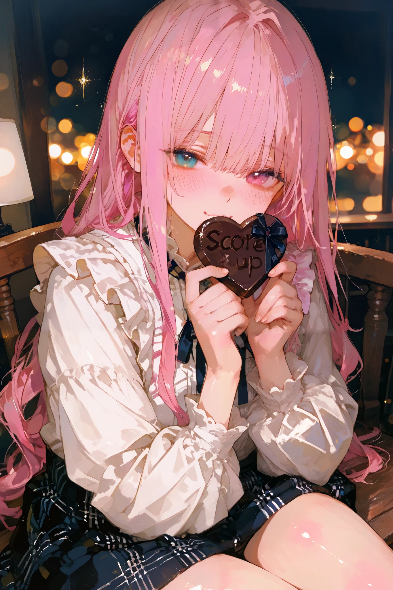 A cute girl with heterochromatic hair, styled in long wavy pink and black twin tones, is sitting in a warm indoor setting. She wears a frilled white blouse and a black checkered skirt, holding a heart-shaped chocolate with a slightly shy expression and blushing cheeks. The background features a cozy cafe interior with vintage wooden furniture and soft warm lighting. The scene is enhanced with a bokeh effect, soft lighting, and a gentle glow effect, 748cmstyle,luisap,shiny skin, detailed textures, romantic atmosphere, luminous sparkle, bloom effect, bokeh effect, chiaroscuro, digital painting, ultra-detailed, 8K, masterpiece, ray tracing, UHD, retina, masterpiece, accurate, anatomically correct, textured skin, super detail, high details, high quality, best quality, highres, 1080P, HD, 16k