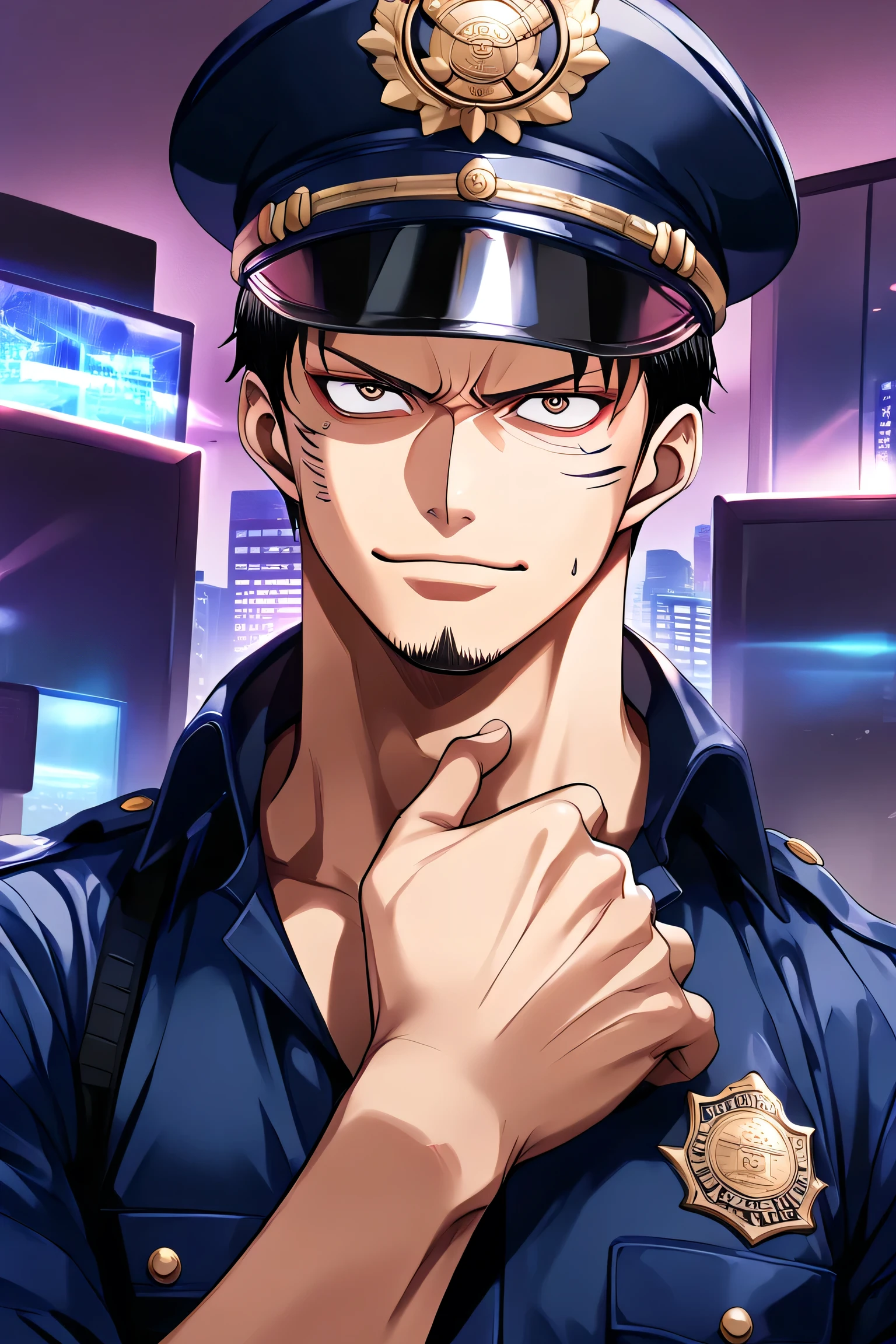 ( 1 girl ),( highly detailed eyes, Highly Detailed Faces ), ( Hi-Res ), ( top quality :1.4),An anime-style illustration in the One Piece art style, depicting a strong and determined Japanese male police officer. The composition focuses on his upper body, emphasizing his commanding presence. His muscular build and confident expression showcase his sense of justice and dedication to protecting the public.
He wears a traditional Japanese police uniform, with a neatly pressed shirt, a badge on his chest, and a peaked cap featuring a golden emblem. His belt is equipped with standard police gear, subtly indicating his readiness for duty. His eyes are filled with unwavering determination, and a smirk or confident smile enhances his bold personality.
The background is minimalistic yet impactful, with hints of a cityscape or police station behind him, subtly suggesting his environment without overpowering the composition. The One Piece style brings exaggerated yet expressive facial features and bold linework, making him look powerful and charismatic. His stance, posture, and expression embody the essence of a true protector of the law who is always ready to uphold justice.