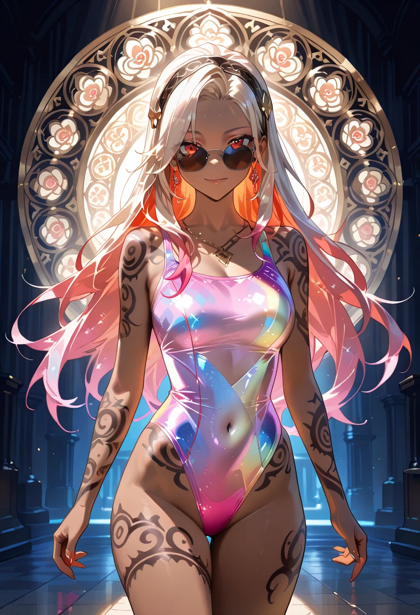 Masterpiece, Best Quality, Girls, Slender, Rainbow Colored Eyes, Hair Color, Rainbow Color, Long Hair Spreading, White Skin, Medium, Pretty, Sexy, Halo, Near Future, Bikini, Too Exposed Skin, Psychedelic, Trip, Highly Colored, Paisley, Highly Colored, Cyberspace, Cyberpunk, Disco, Mirror Ball, Buddhism, Mandala Themes, Open Legs, Eyeshadow, False Lashes, Blushing, mechanical left arm, smile, whole body