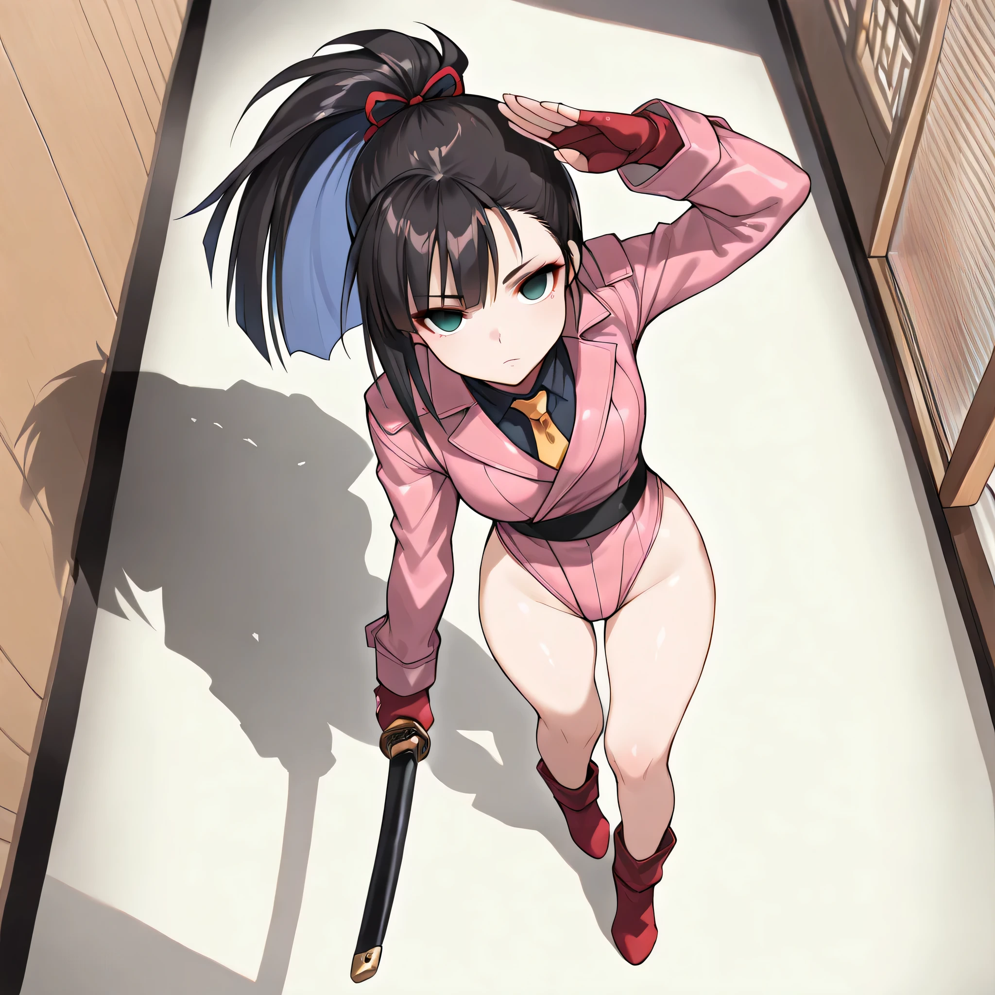 Spawns a white girl with white eyes and hair on the left side and black eyes and hair on the right side in the style of Kimetsu no Yaiba., Her hair reaches down to her ankles, with dark blue male demon slayer uniform fully covered, chest covered in bandages, two nichirin katanas on the back, imagem de fully body, rin tohsaka, Masterpiece artwork, 8k, high qualiy, fully body, small medium thighs, Waist slender, sexy and well defined body, rin, blue colored eyes, chestnut hair, long hair, two sides up, distributed strip, black hair ribbon, red sweater , high collar, long sleeves, cross print, Black Skirt, pleatedskirt, miniskirt, black pantyhose,