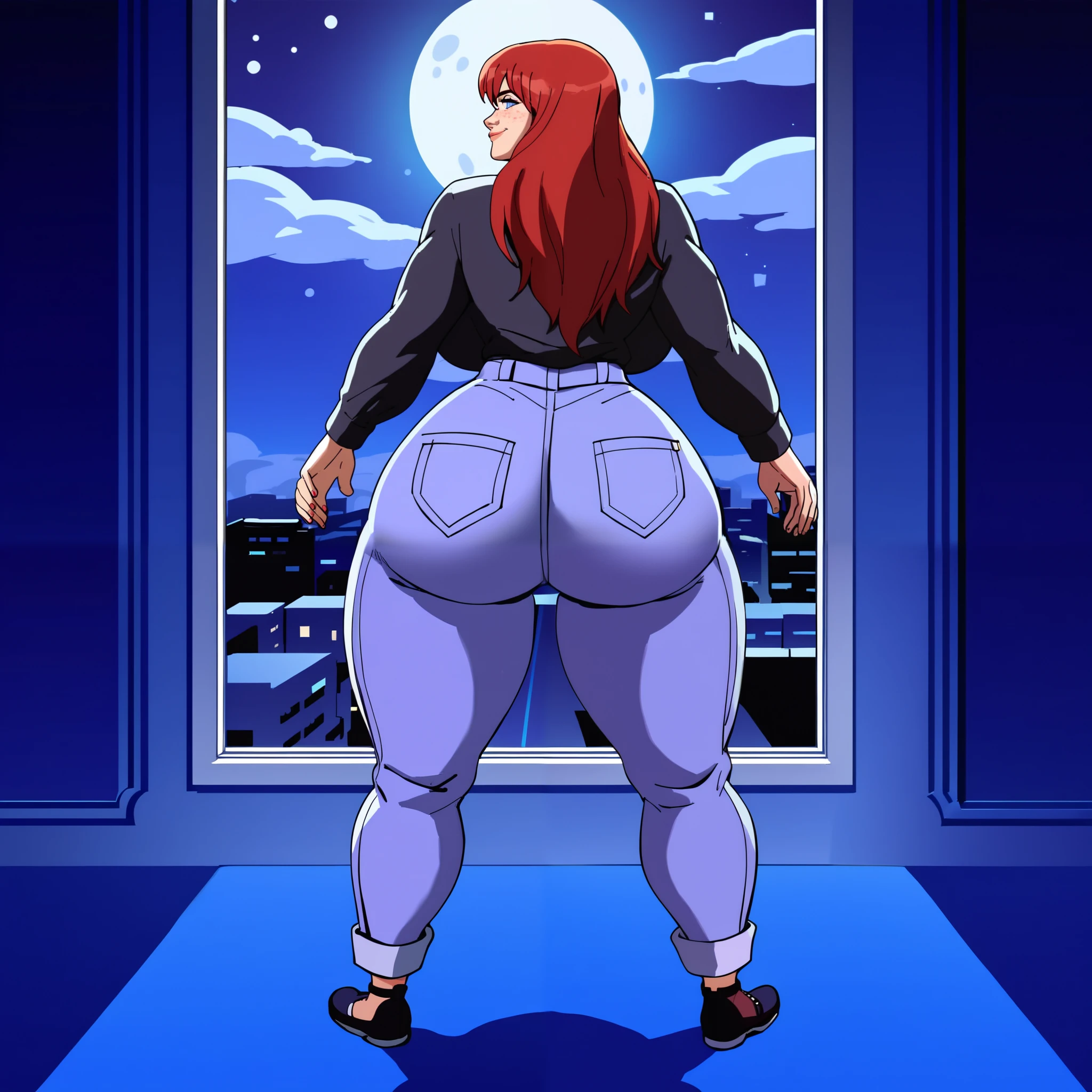 score_9, score_8_up, score_7_up, score_6_up, score_5_up, score_4_up, BREAK, 1girl, MJ, freckles arcoss face, blue eyes, dark red hair, long sleeve black shirt, dark blue long jeans, blue black shoes, long straight hair, 1girl, ((huge breasts, huge butt, thick thighs, curvy hips)), full body view, back view, part of face visable from behind, highly detailed, masterpiece, standing, seductive smile, inside new york apartment background, dark blue walls, blue carpet, at night, moon shining down through window.