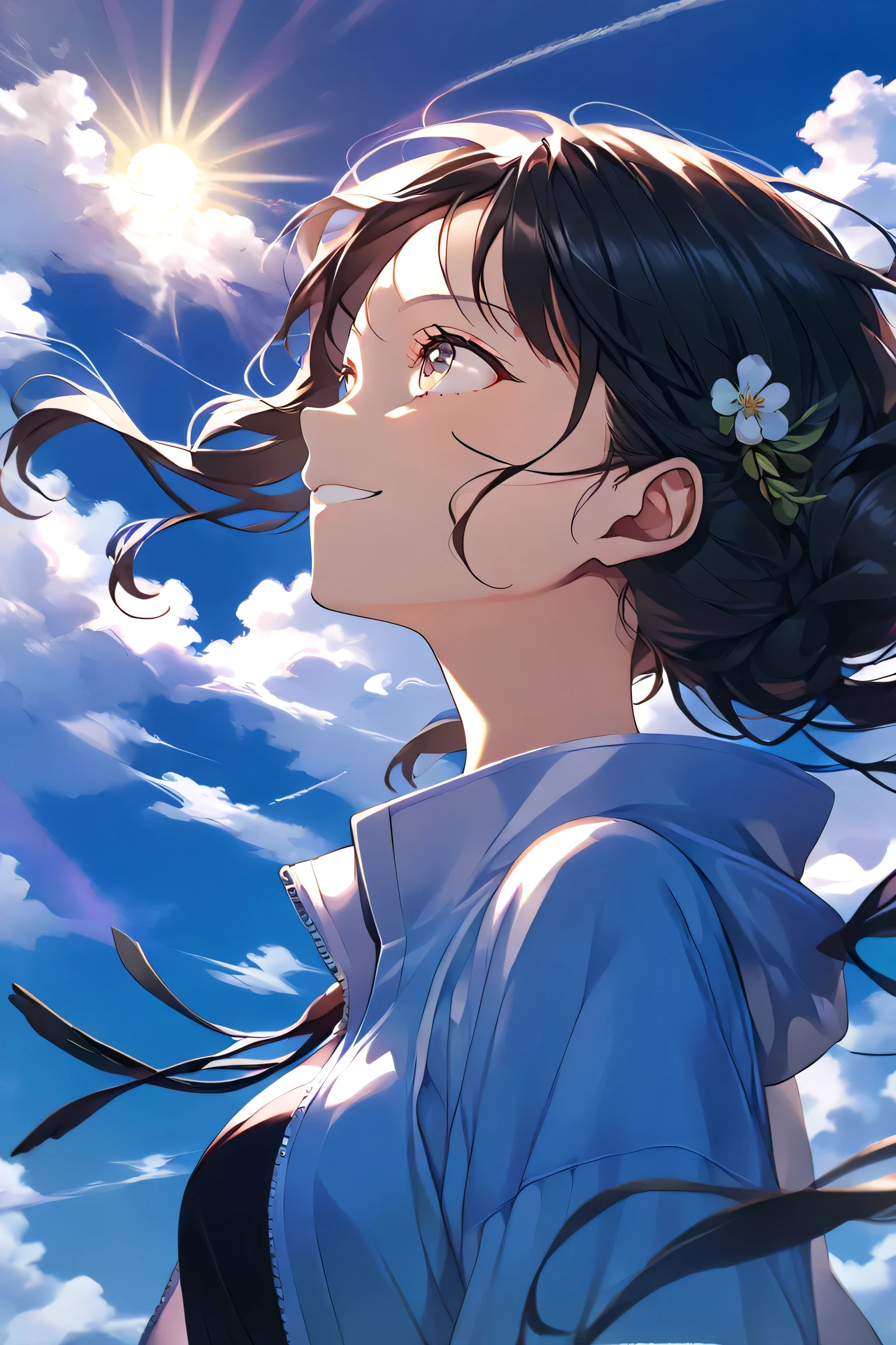 ( 1 girl ),( highly detailed eyes, Highly Detailed Faces ), ( Hi-Res ), ( top quality :1.4)An anime-style illustration in the One Piece art style, depicting a strong yet gentle 20-year-old Japanese woman. She is shown in a side profile, looking slightly upward at the sky with a confident yet serene smile. Her expression radiates determination, positivity, and warmth, capturing the balance between strength and kindness.
Her long black hair flows naturally, catching the breeze and adding a sense of movement to the scene. She wears a stylish yet practical outfit, such as a sleeveless top or a light jacket, which complements her energetic yet approachable personality. Her bright eyes, full of hope and ambition, reflect her readiness to take on the future.
The background features a bright sky with soft clouds, and the golden sunlight casts a warm glow on her face, enhancing the uplifting and inspiring mood. The One Piece style emphasizes bold yet expressive facial features, strong outlines, and a dynamic composition, making her appear both powerful and inviting.
Her stance, gentle yet determined expression, and the uplifting sky capture the essence of a young woman who is ready to embrace her dreams with courage and kindness, embodying both strength and warmth
