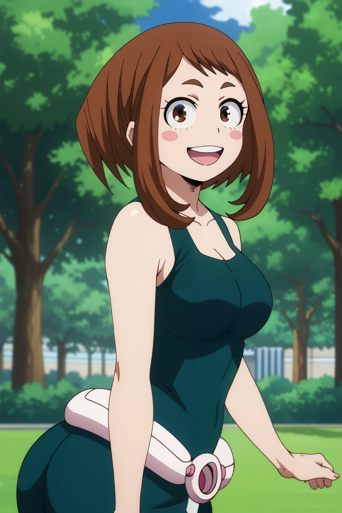 Ochaco Uraraka ,1 girl,Alone ,body, blush stickers, short ass hair,sidelocks, breasts, breasts medianos, looking at the spectator,hull,, smile, open your mouth, focused on the butt , ass, recharged,open field,Tall trees,School buildings.
