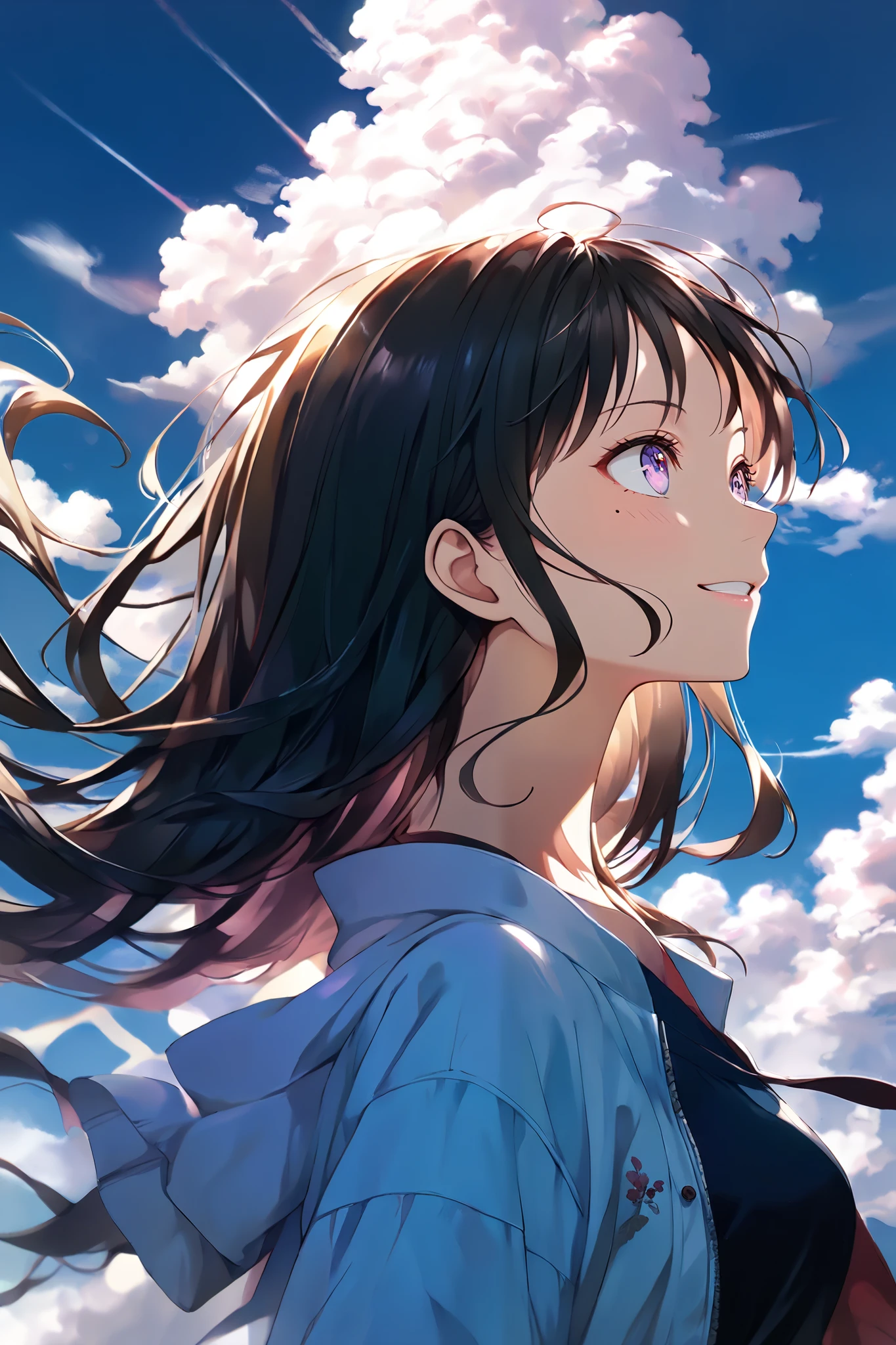 ( 1 girl ),( highly detailed eyes, Highly Detailed Faces ), ( Hi-Res ), ( top quality :1.4)An anime-style illustration in the One Piece art style, depicting a strong yet gentle 20-year-old Japanese woman. She is shown in a side profile, looking slightly upward at the sky with a confident yet serene smile. Her expression radiates determination, positivity, and warmth, capturing the balance between strength and kindness.
Her long black hair flows naturally, catching the breeze and adding a sense of movement to the scene. She wears a stylish yet practical outfit, such as a sleeveless top or a light jacket, which complements her energetic yet approachable personality. Her bright eyes, full of hope and ambition, reflect her readiness to take on the future.
The background features a bright sky with soft clouds, and the golden sunlight casts a warm glow on her face, enhancing the uplifting and inspiring mood. The One Piece style emphasizes bold yet expressive facial features, strong outlines, and a dynamic composition, making her appear both powerful and inviting.
Her stance, gentle yet determined expression, and the uplifting sky capture the essence of a young woman who is ready to embrace her dreams with courage and kindness, embodying both strength and warmth