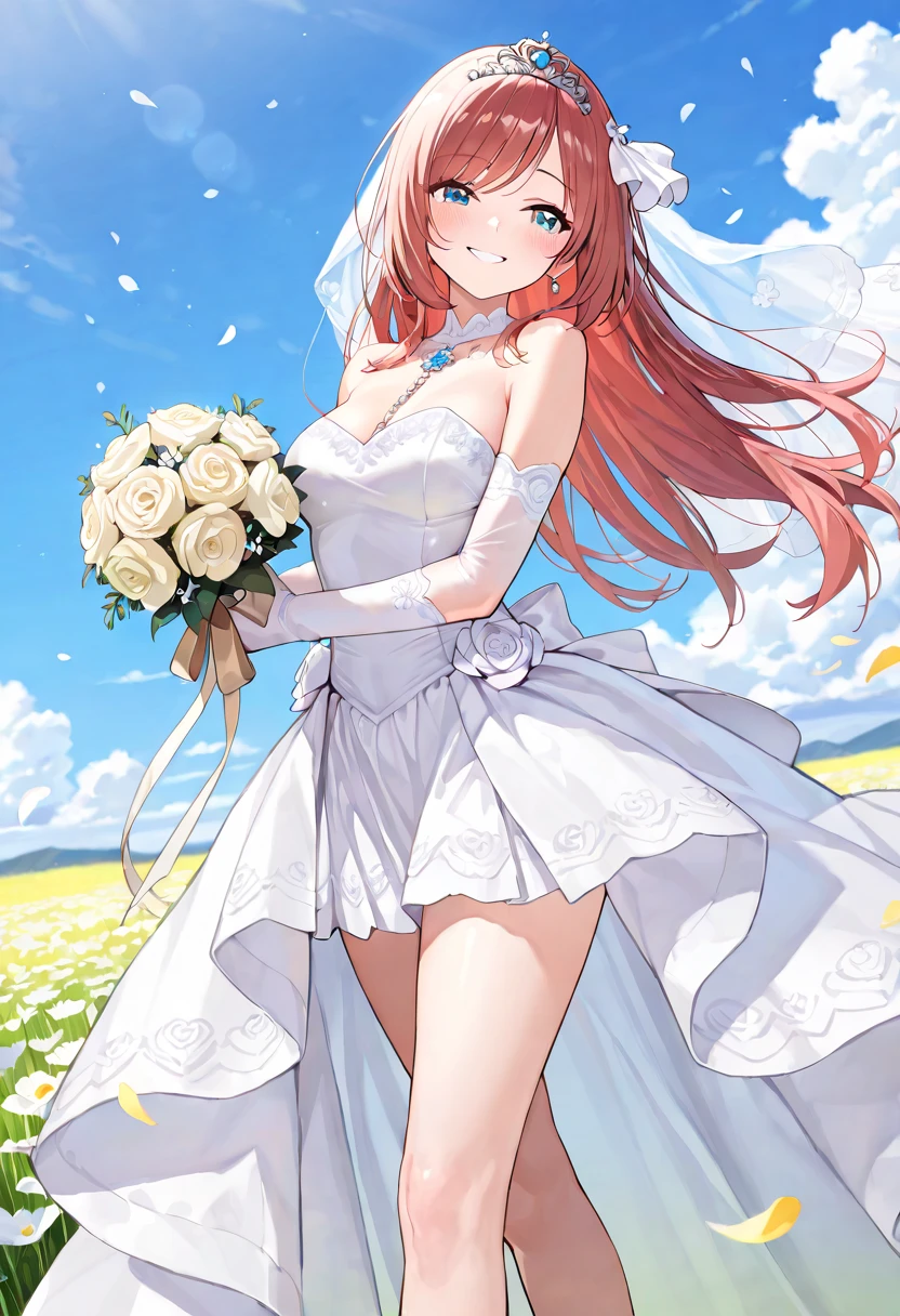 masterpiece, best quality, highres, aura,Two horns,wedding dress, white dress, garden, holding bouquet, confetti,Shoulder Bare、midriff peek、bare legs、very Long veil、(She showed off her white panties:1.5)、Open your mouth、smile、((Glowing Skin))、Camel Knob