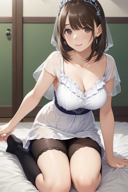 masterpiece, highest quality, One Girl, Thighs, beautiful girl, Flowers, たくさんの小さなflowerびら, flower、Small waist, RAWphotograph,Bright lighting、Face Light, Ultra-realistic, High resolution, photograph, Sharp focus, Highly detailed eyes and face,Symmetrical face, whole body、Large Breasts、Long Hair、チラリと見えるThighs、Cleavage、Red Micro andals、White lace shirt、Sleeveless、Her hair was tied with a big red ribbon、White high heels、After bath、On the way home from the bathhouse
