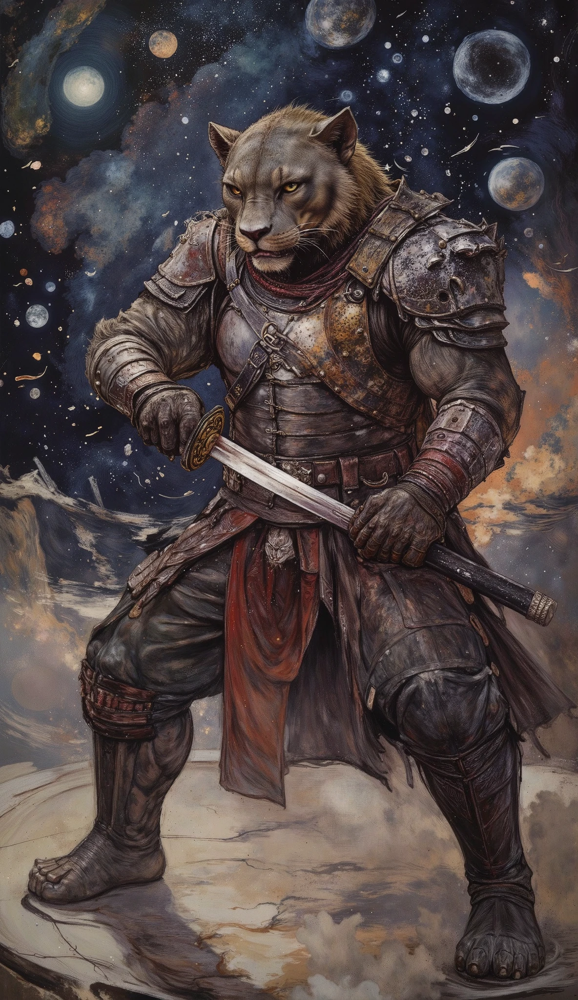 Samurai panther in samurai clothing with his katana in Space action pose is fighting on a domed platform and is in the background the universe with stars , planets shooting stars :1.5, , Chiaroscuro,  cinematic lighting  , dithering, projected shadow, bloom, light reflection, motion blur, U high definition, Retina,  masterpiece,  Precise,  anatomically correct ,  Textured leather,  tall details ,  high quality, awarded ,  the best quality,  highres, 1080P,  high definition, 16K
