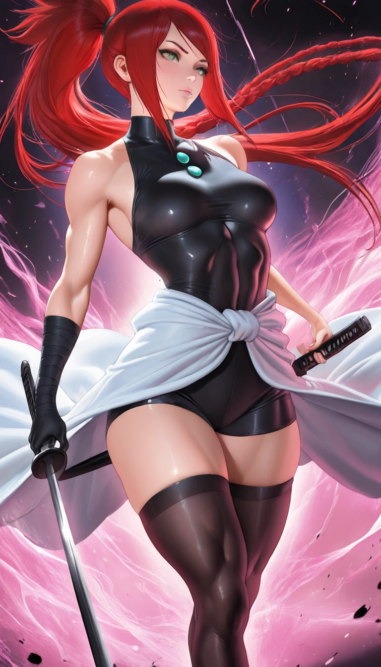 (masterpiece, highest quality, ultra high res, ultra detailed:1.3), 1 cute girl, ideal ratio body proportions, big breast, slender, full body, red long hair, low ponytail, (bangs covered both eyes completely, hair over both eyes:1.4), white tight leather mini skirt, purple turtleneck shirt, (cleavage cutout:1.3), BREAK, white leather jacket, open jacket, white leather boots, standing,