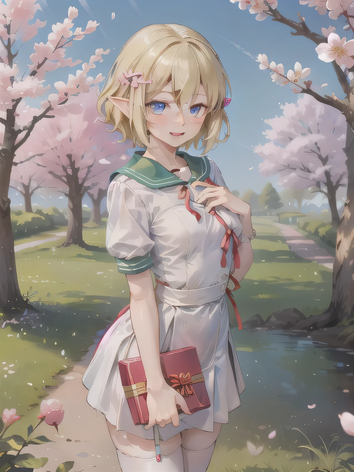 A stunningly beautiful 20-year-old woman stands in a lush green park full of cherry blossoms in full bloom under a clear blue sky. She is wearing a classic sailor uniform and holds a neatly wrapped gift box with a red ribbon in both hands in front of her chest. The box is small, wrapped in decorative paper, and tied with a bow. She looks very happy, with a radiant and joyful expression.A stunningly beautiful 20-year-old woman stands in a lush green park full of cherry blossoms in full bloom under a clear blue sky. She is wearing a classic sailor uniform and holds a neatly wrapped gift box with a red ribbon in both hands in front of her chest. The box is small, wrapped in decorative paper, and tied with a bow. She looks very happy, with a radiant and joyful expression. Blonde hair, blue eyes, elven, hair between eyes, pointy ears, short hair, (small chest:1.2).