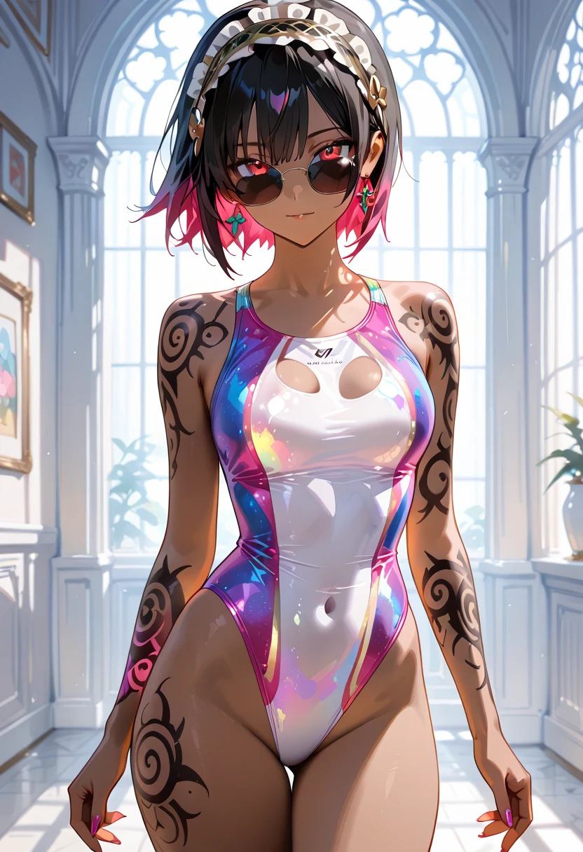 photore , self-shot, Beautiful illustration、On a table, top-quality, love live, imprisonment, a little lovely kid girl, fourth grade primary school student、Small under breasts, change, cosmetics, Eternal, Nopan, with her mouth open, Seductive smile, (black hair color hair), Short hair details,tiara crown, a purple eye, sexy for, Lovely thighs、thigh band, mitts, Weapon sword, glowing thigh, Skin glows, sexy for, NSFW,, (Pink high-leg micro bikini),