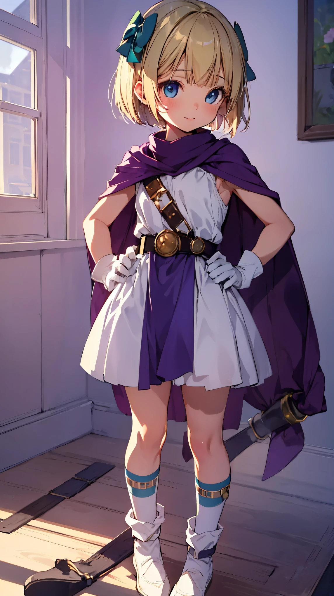 (upper body),contrapposto,1girl,solo,(blue eyes,blonde hair,short hair,blunt bangs),2green hair ribbon, hair side bow,(purple cape), white gloves, white dress,green socks,white boots, belt, sleeveless,white panty,cameltoe,smile,flat chest,skinny,(loli,petite,short stature:1.3),Perfect Fingers,betterhand,masterpiece,Noise Reduction,perfect anatomy,high resolution, ultra-detailed, ultra-detailed face,game cg,dutch angle ,beautiful detailed eyes,visualart,five fingers, perfect hands, perfect lighting,