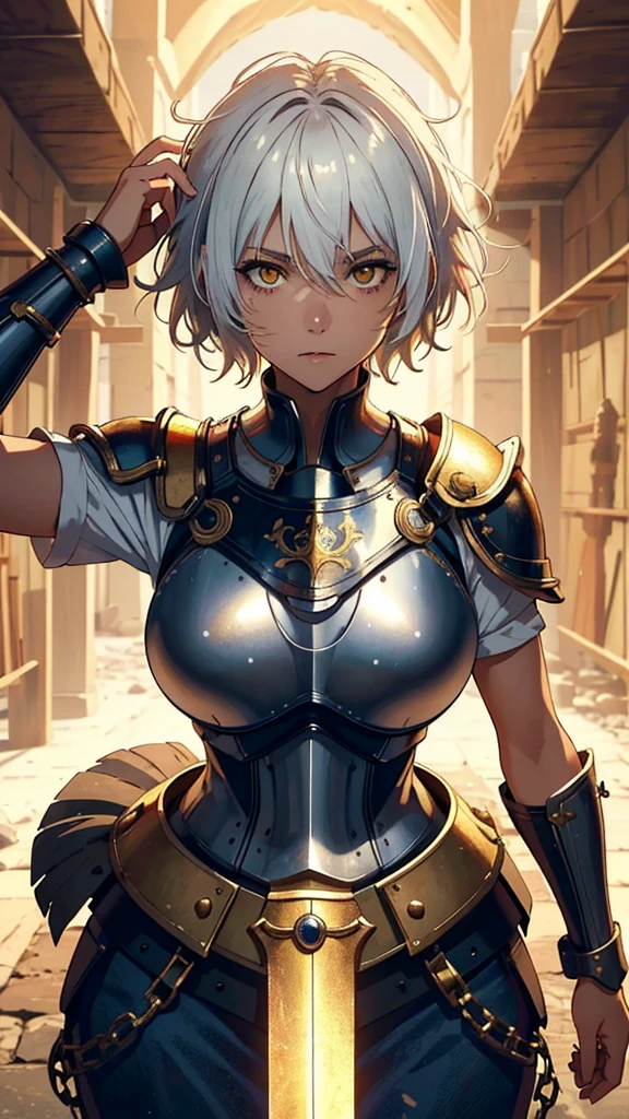 (masterpiece), (extremely intricate:1.3), (realistic), portrait of a muscular bodybuilder girl, ((medieval armor)), metal reflections, upper body, outdoors, intense sunlight, far away castle, professional photograph of a stunning woman detailed, (short undercut dark shaved hair, dynamic pose), sharp focus, dramatic, award winning, cinematic lighting, volumetrics dtx, (film grain, blurry background, blurry foreground, bokeh, depth of field, sunset, interaction, golden chrome Perfectchainmail), 8K