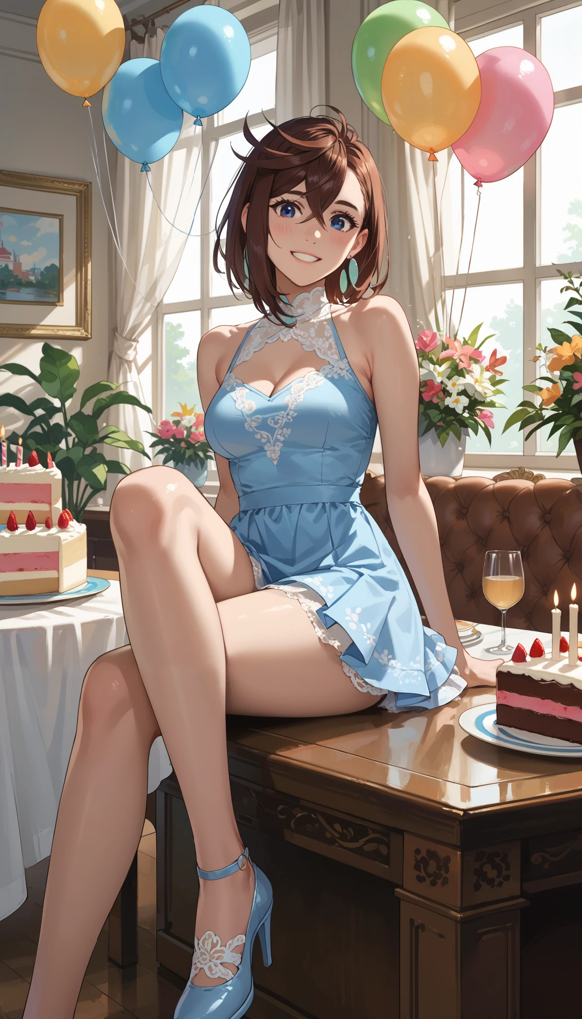 rape, Momo Ayase 18 years old celebrates her birthday, sitting on a chair at a festive table, a large cake with candles, the room is decorated with flags and colorful balloons, 1 girl, beautiful, blue eyes, happy smile on her face, blue sleeveless dress with white lace, short hair, brown hair, loud_onomatopoeic_speech, sunny_morning, full_length_view